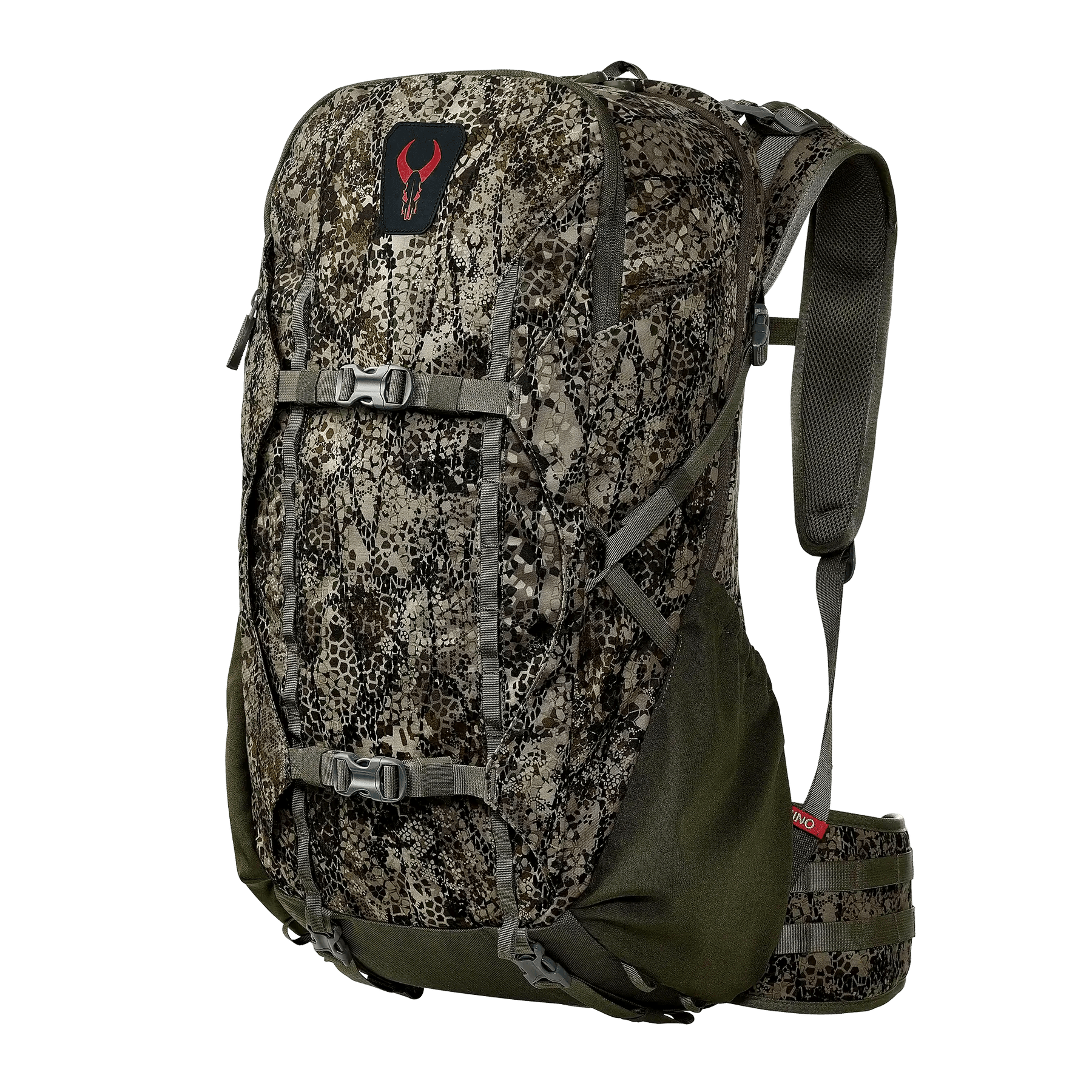 Badlands ATX-25 camo hunting backpack with straps and logo on blue background