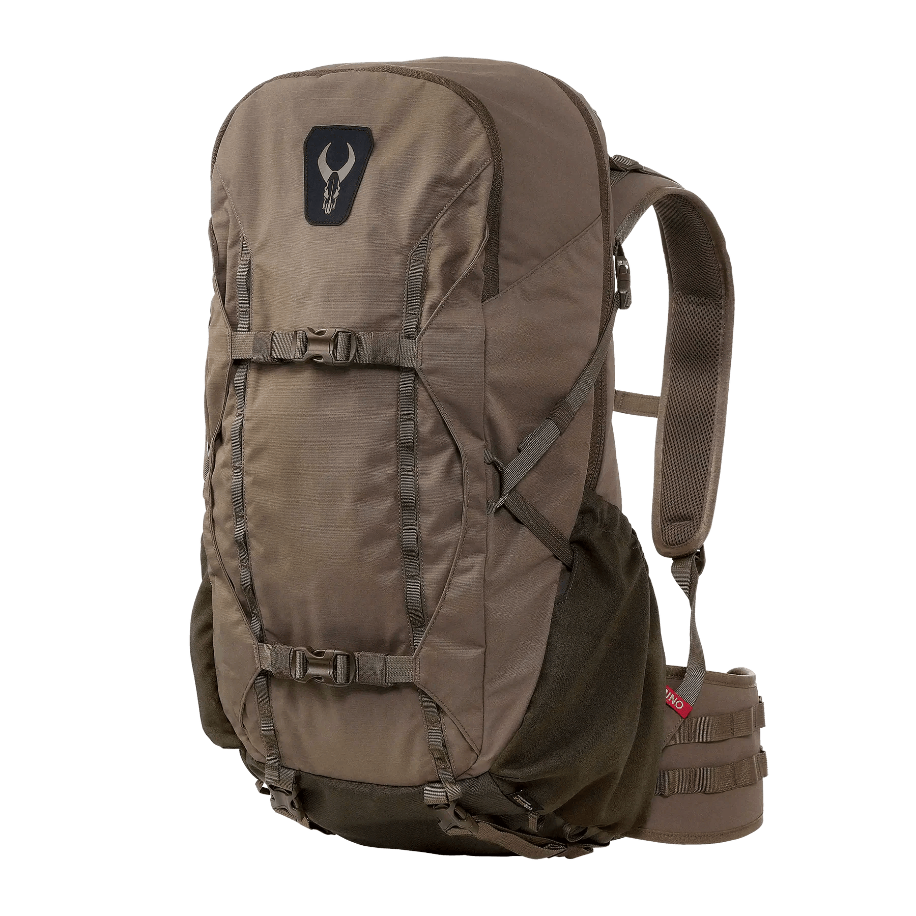 Badlands ATX 25 brown frame backpack with logo, front straps, outdoor gear