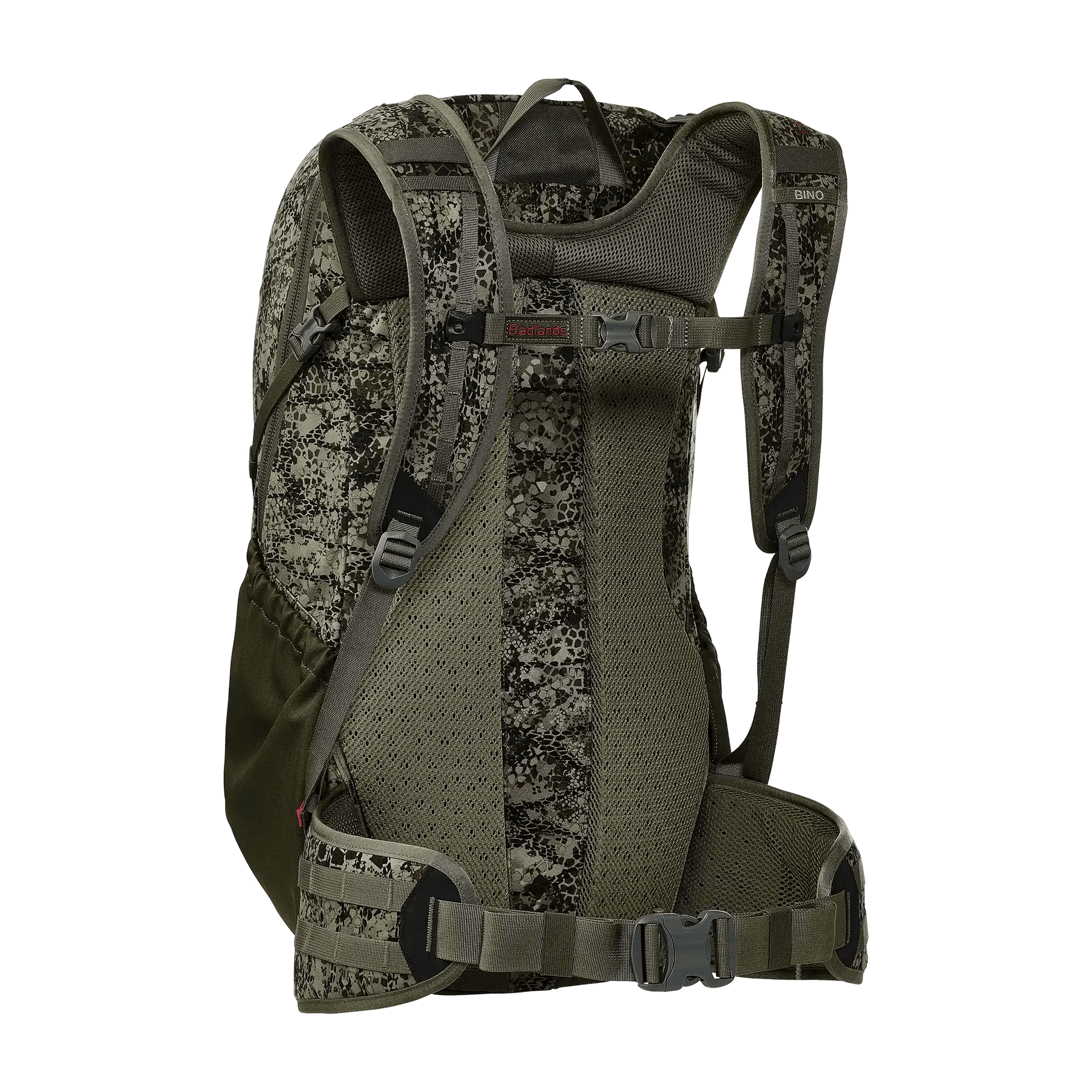 Badlands ATX-25 camo frame pack with mesh back, padded straps, and hip belt