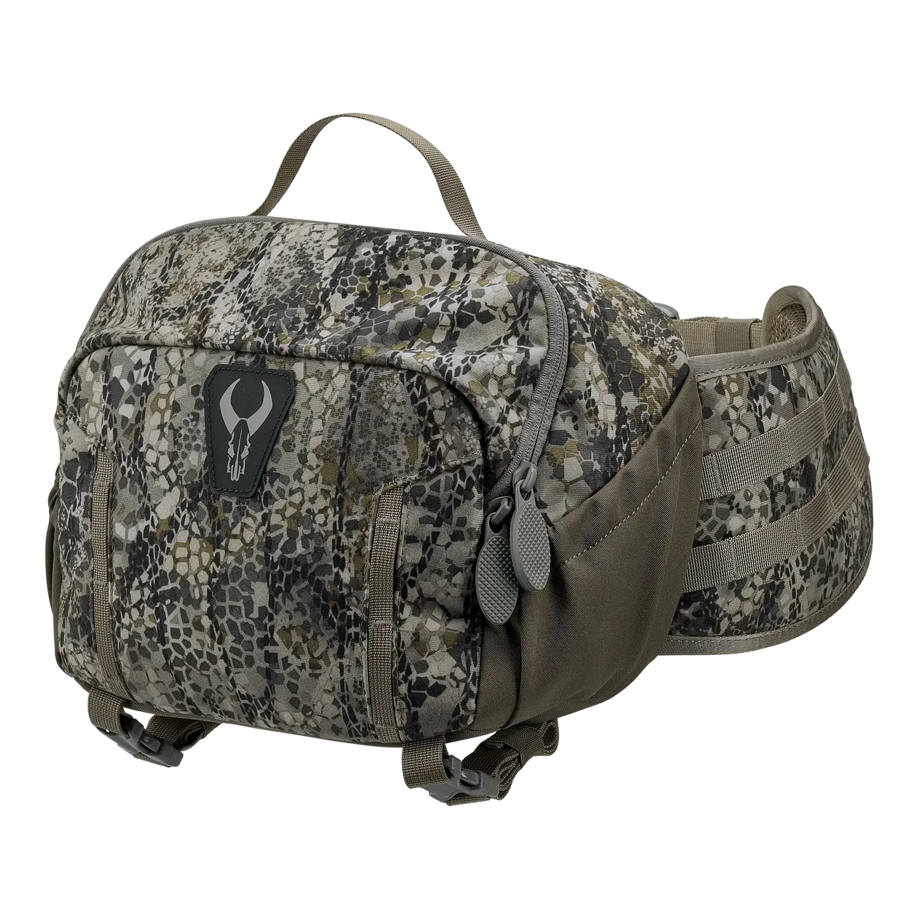 Camo pattern hunting fanny pack with MOLLE webbing and skull logo on front pocket