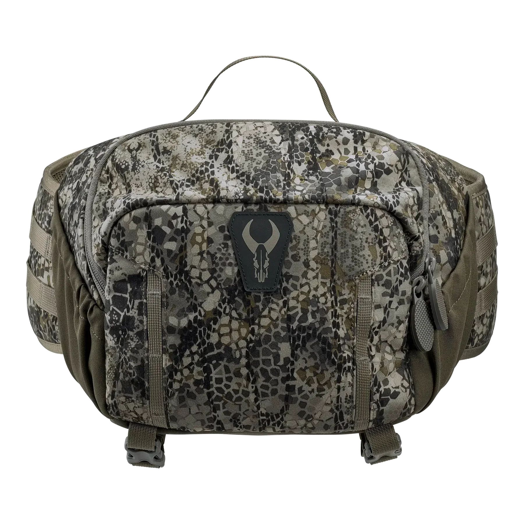 Camouflage hunting fanny pack with bull skull logo, tactical gear bag front view