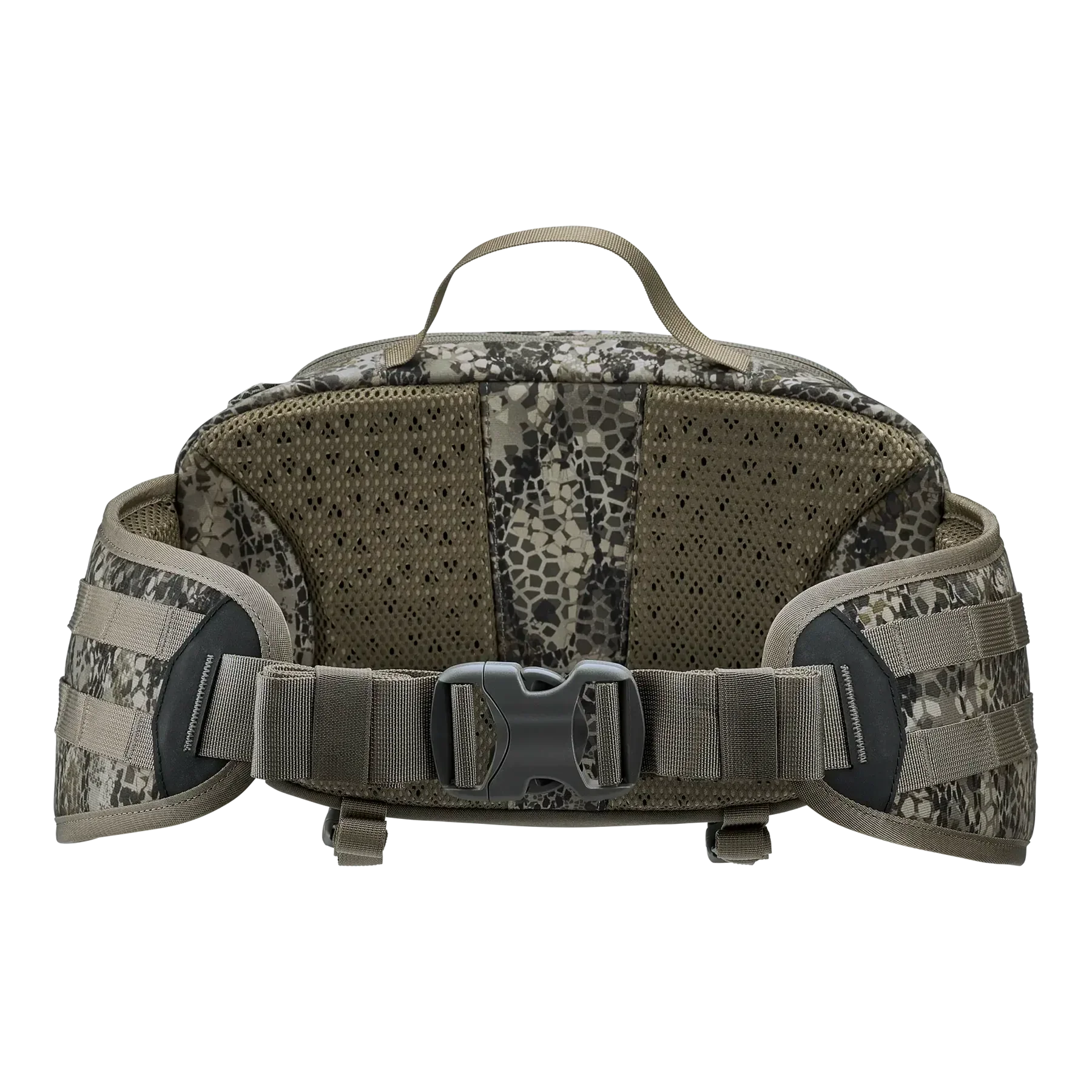 Camo tactical fanny pack with mesh padding, adjustable waist strap, and buckle closure