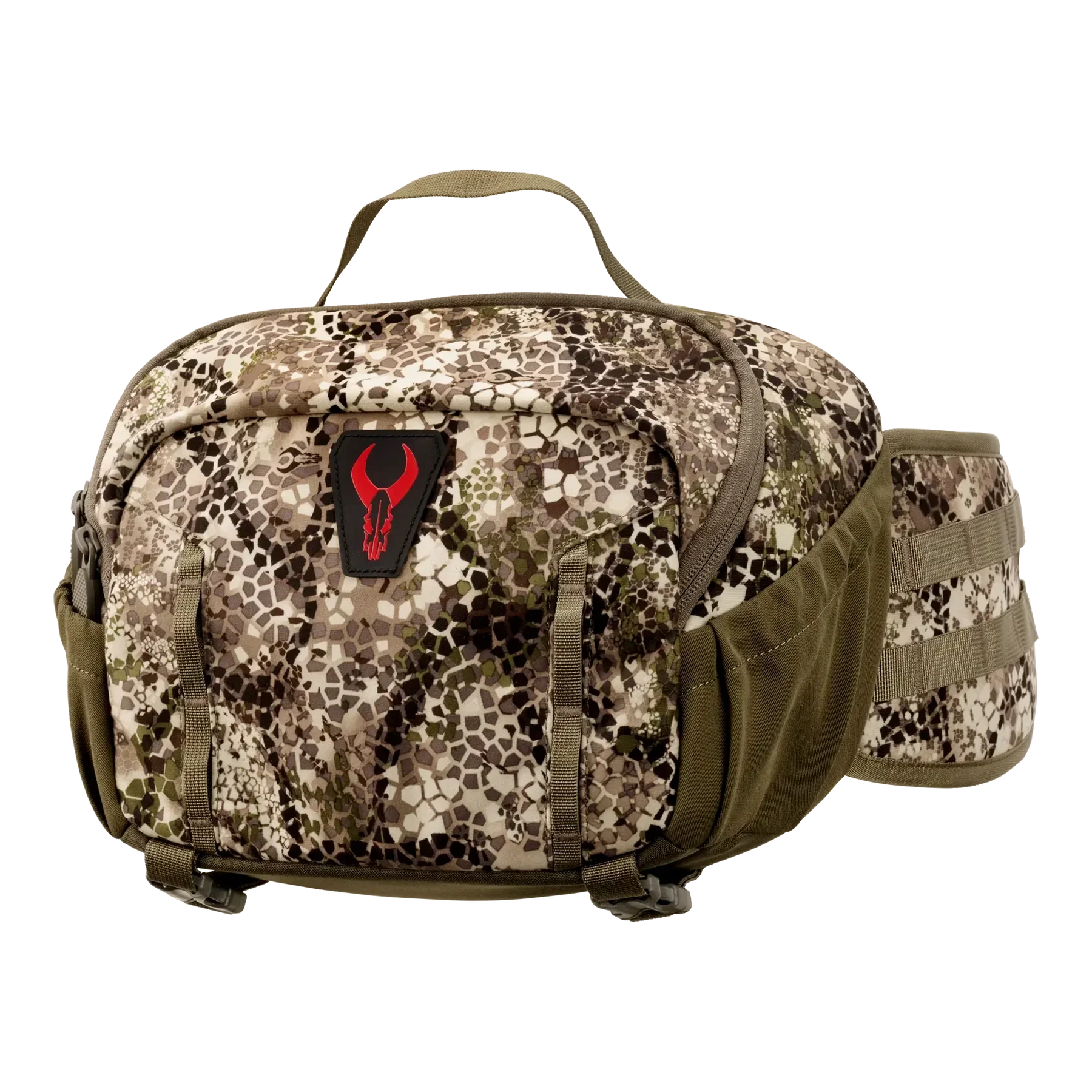 Camo hunting fanny pack with red bull skull logo and adjustable straps