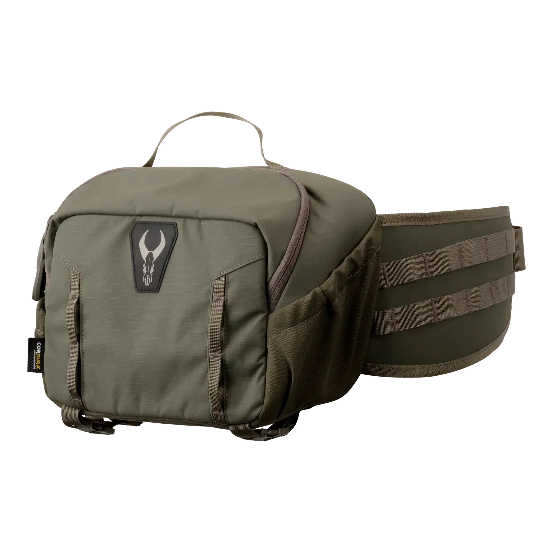 Olive green tactical waist pack with bull skull logo and wide padded belt