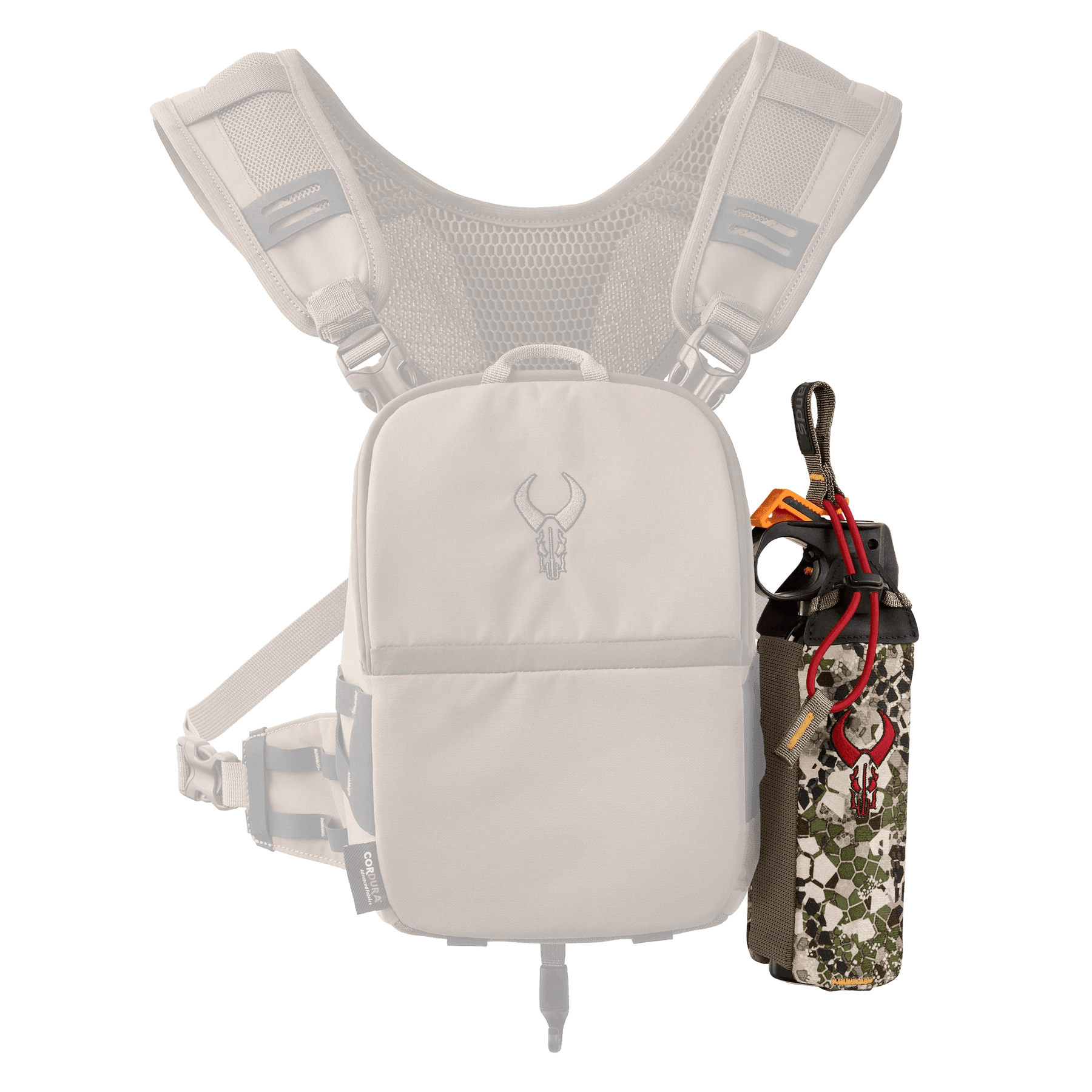Badlands chest pack with mesh straps and camo bear spray holder attached