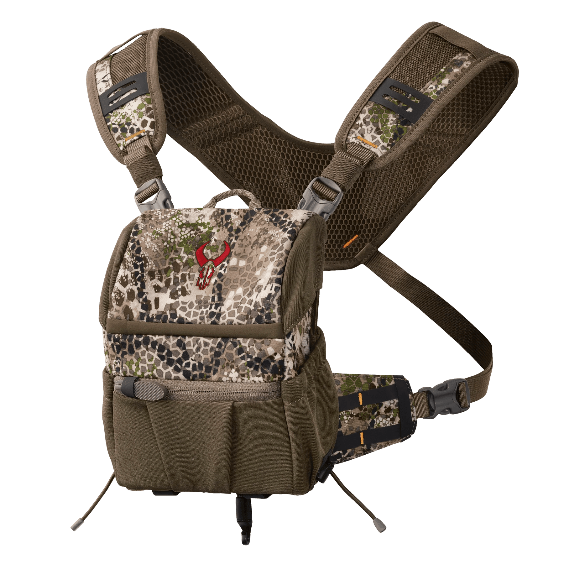 Badlands Bino EZ camo chest harness for binoculars with padded straps and outdoor gear pockets.