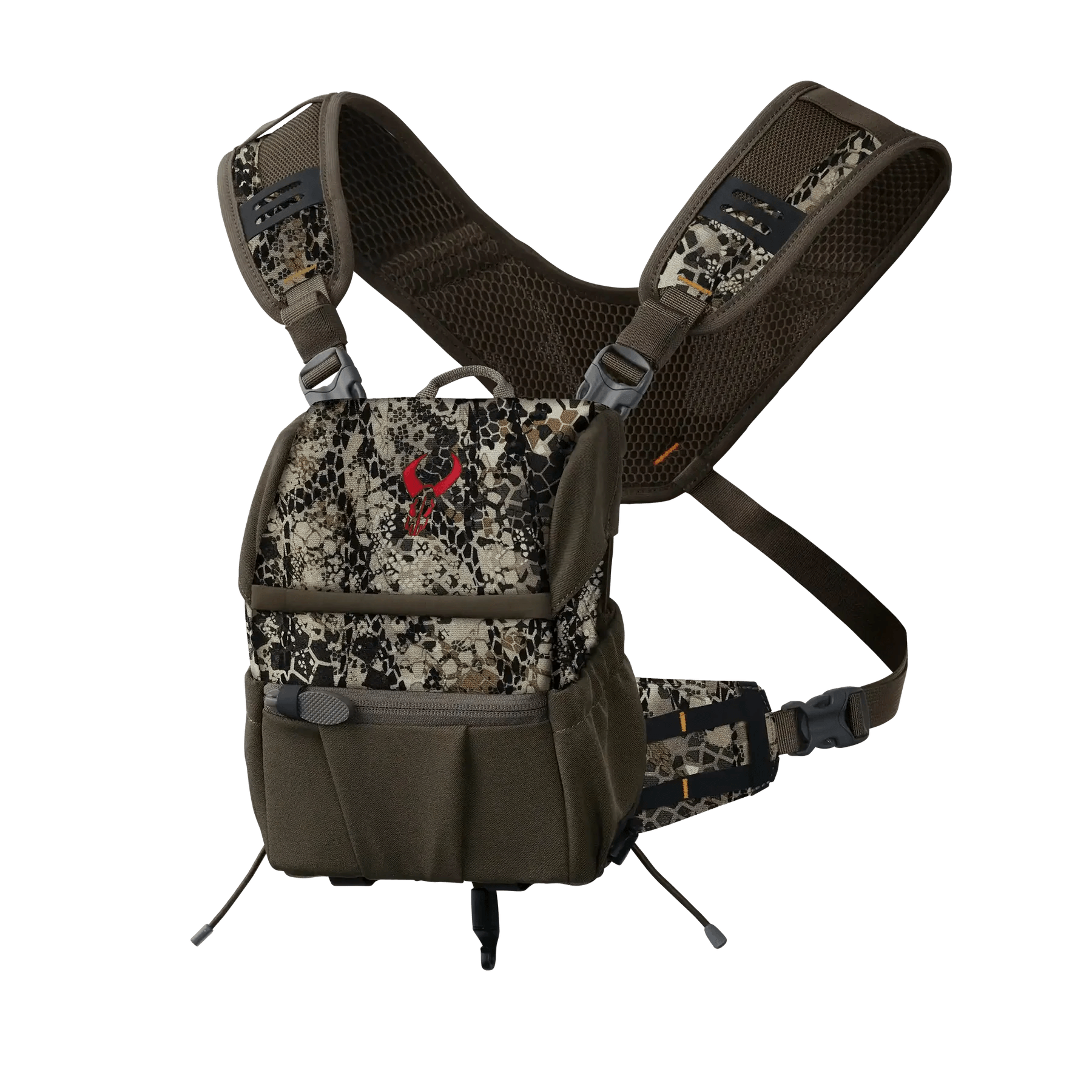 Camo hunting chest pack with padded straps and mesh back panel on blue background