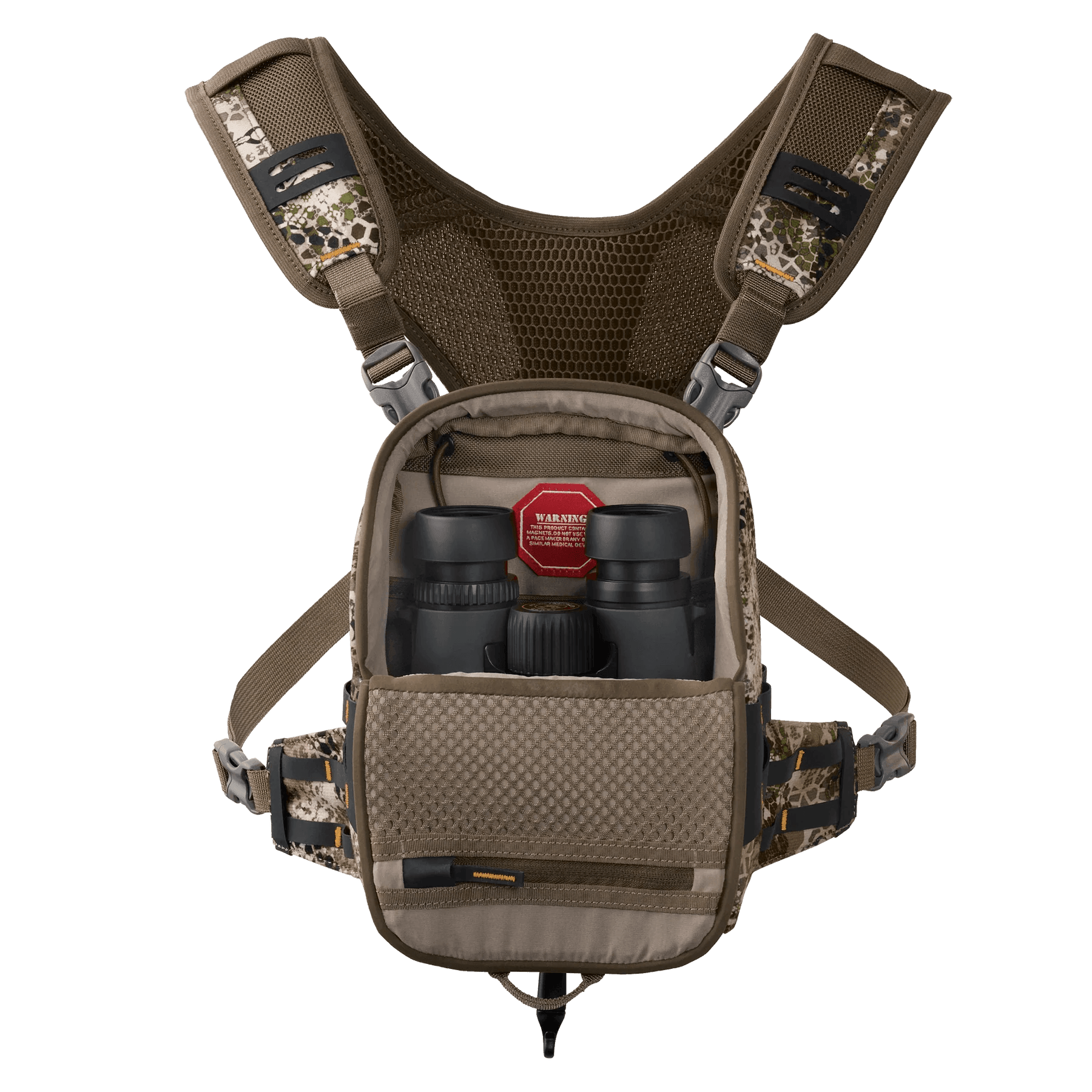 Badlands Bino Mag 2 binocular harness in brown camo with mesh straps and binoculars inside