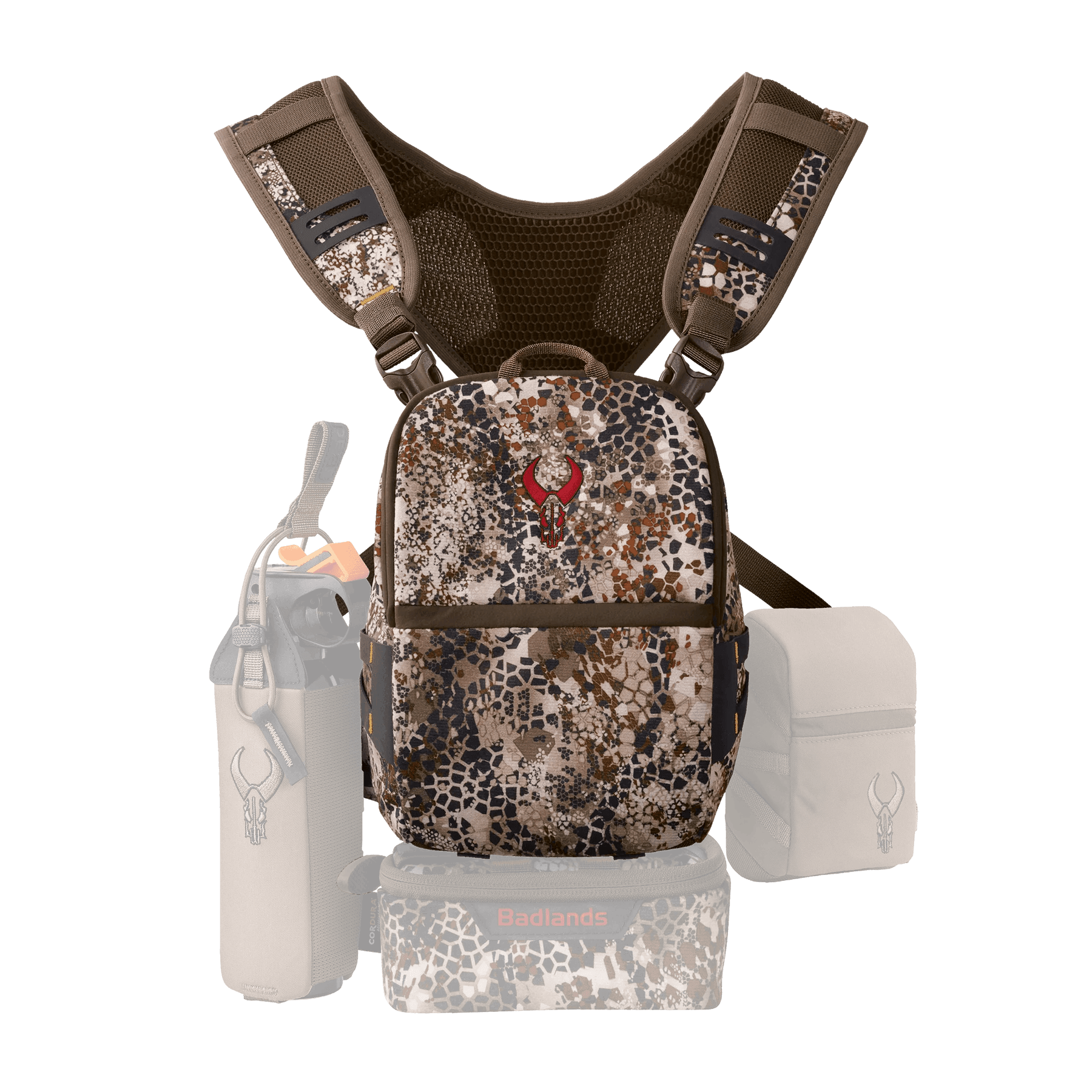 Badlands Bino Mag 2 camo binocular harness pack with accessories front view