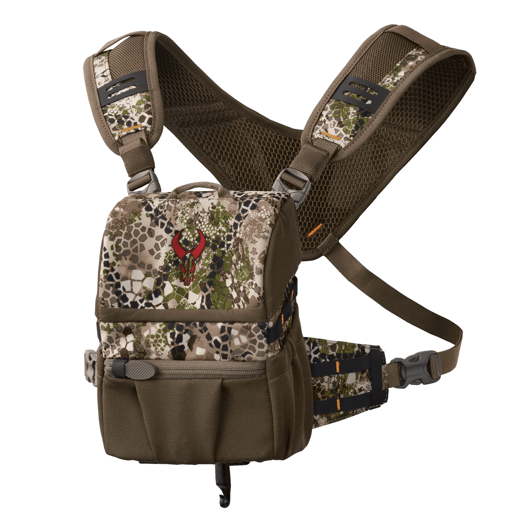 Badlands Bino X2 camo binocular harness pack with mesh straps and brown-green pattern