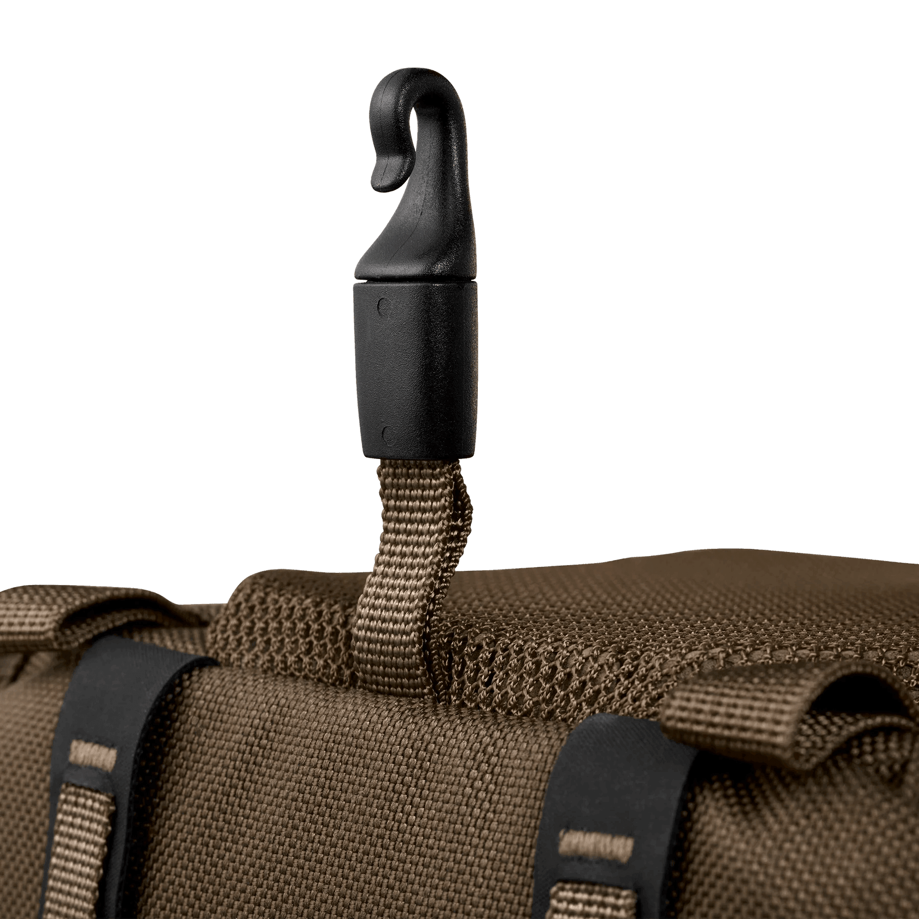 Close-up of Badlands Bino X2 harness hook and durable brown fabric strap