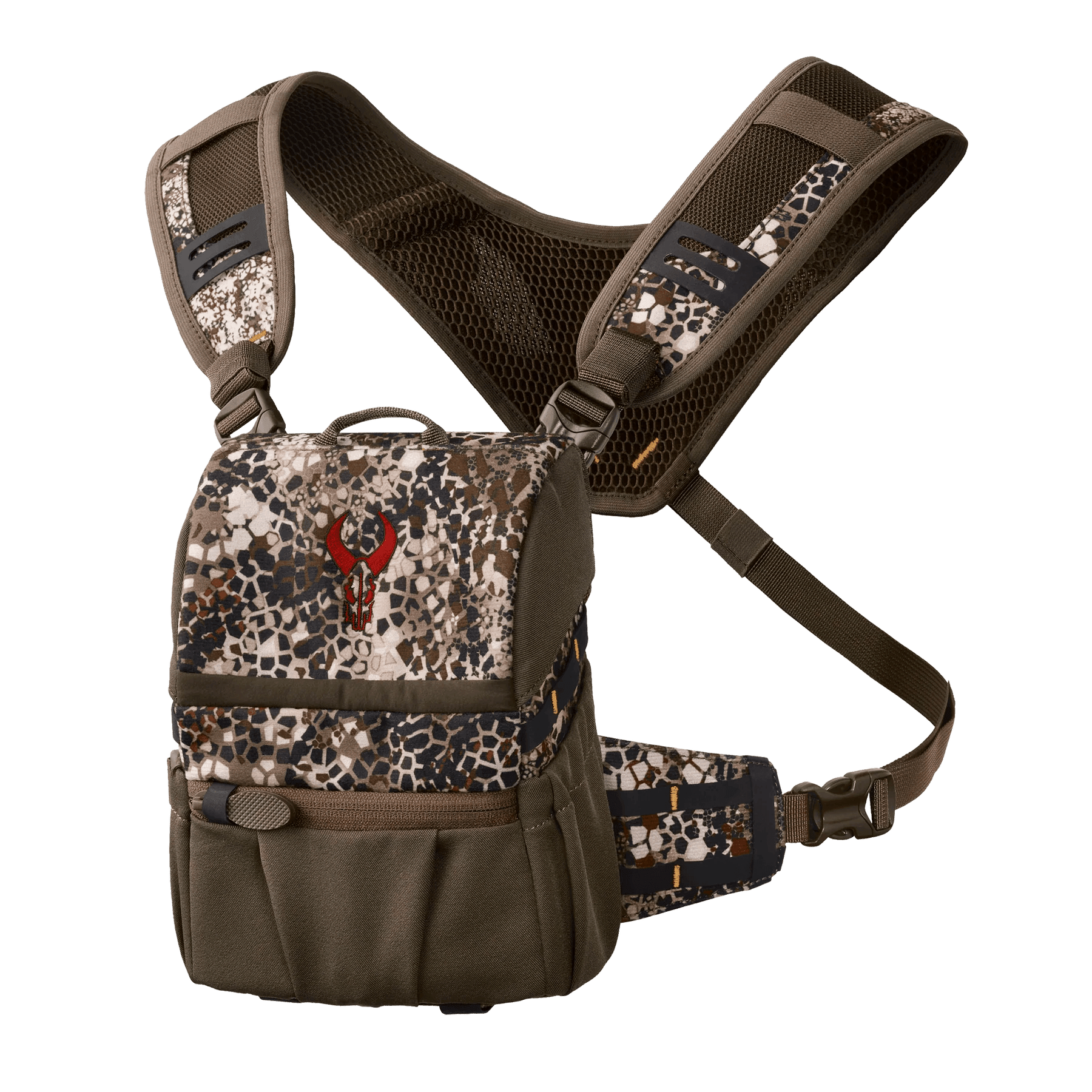 Badlands Bino X2 camo binocular harness pack with mesh straps and embroidered logo