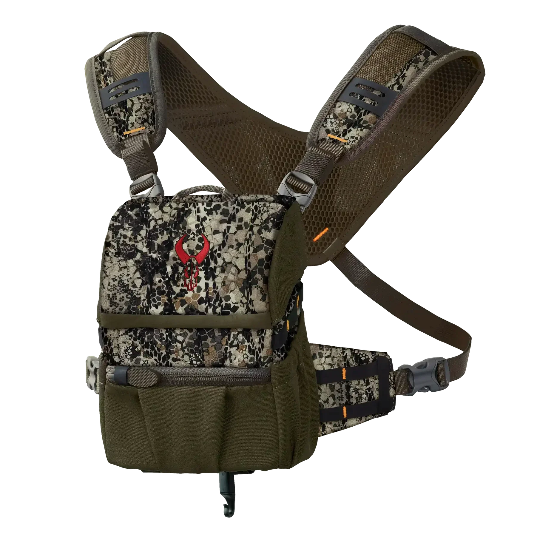 Camo hunting chest pack with harness, red logo, mesh padded straps, and front zipper pocket