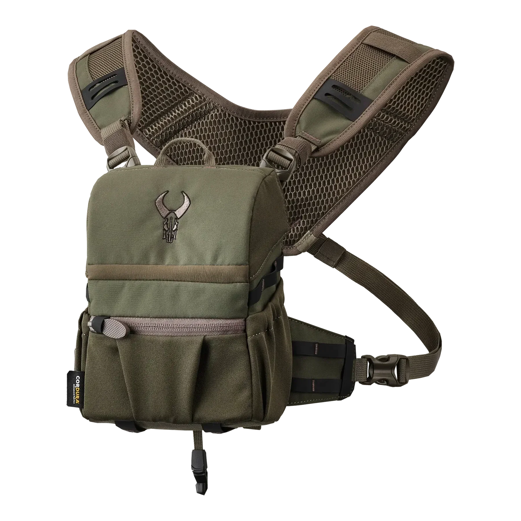 Olive green chest pack with embroidered skull logo, mesh straps, and zippered front pocket