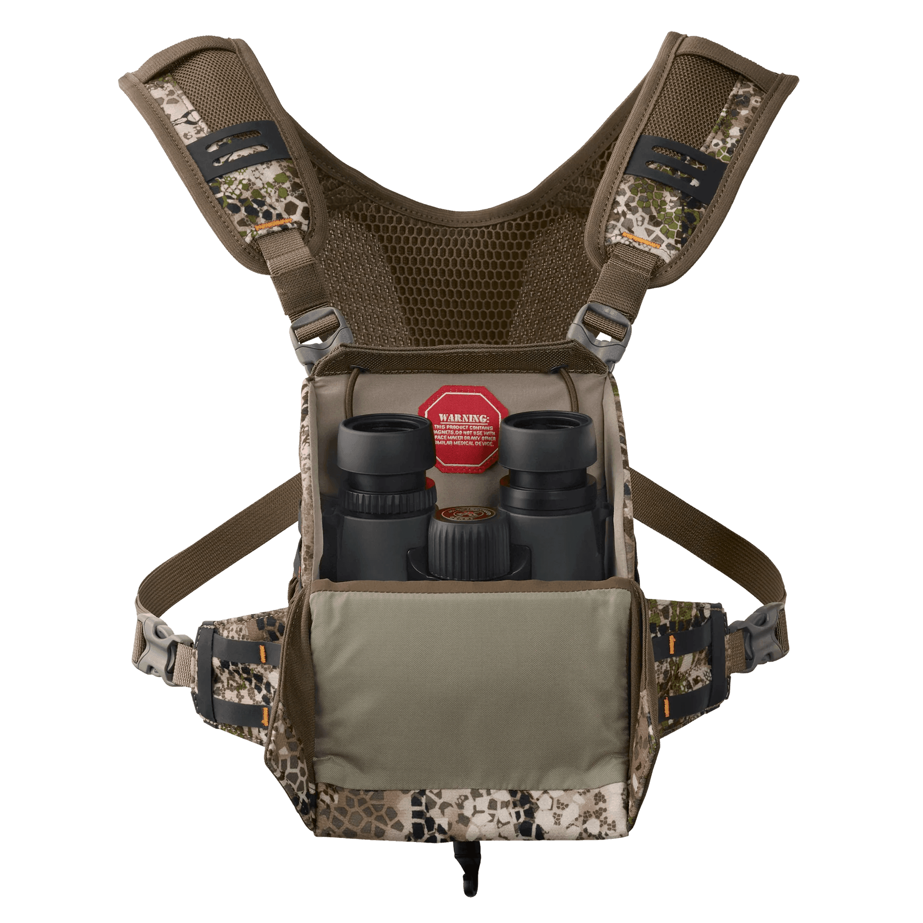 Badlands Bino X2 camo binocular harness with binoculars and mesh straps, outdoor gear