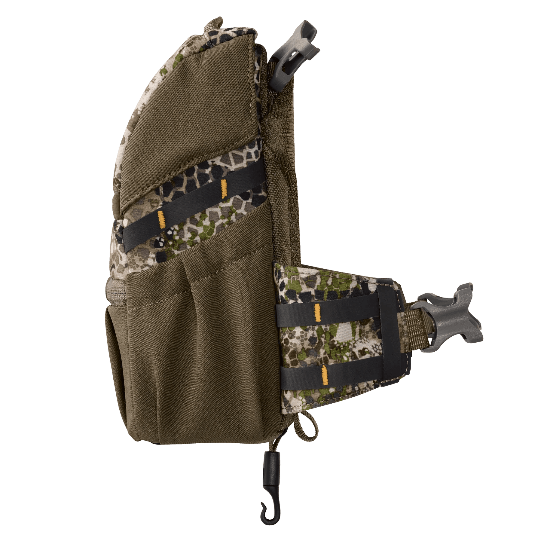 Badlands Bino X2 camo binocular harness pouch with olive panels and buckle clip