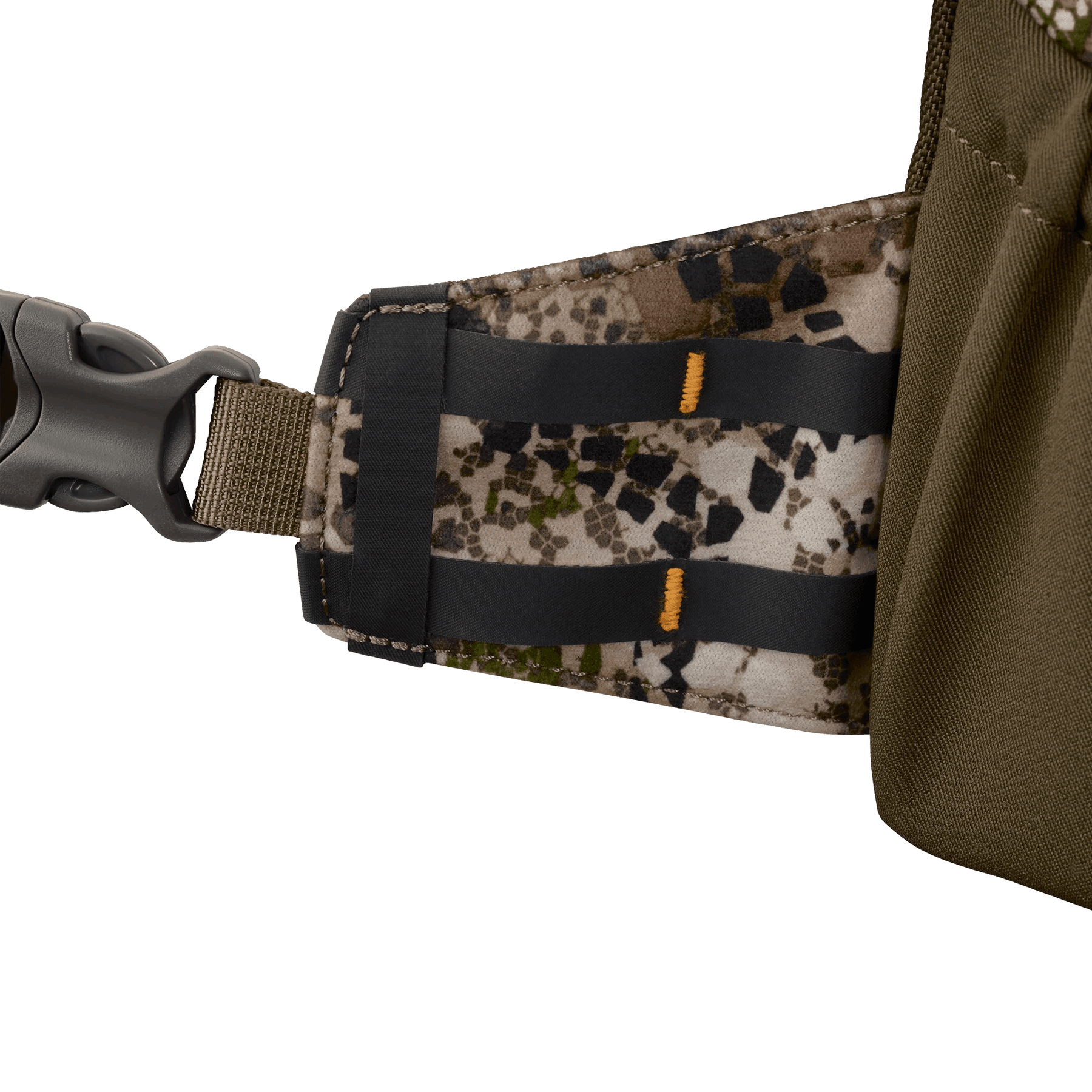 Badlands Bino X2 harness close-up with camo strap, buckle, and outdoor gear details