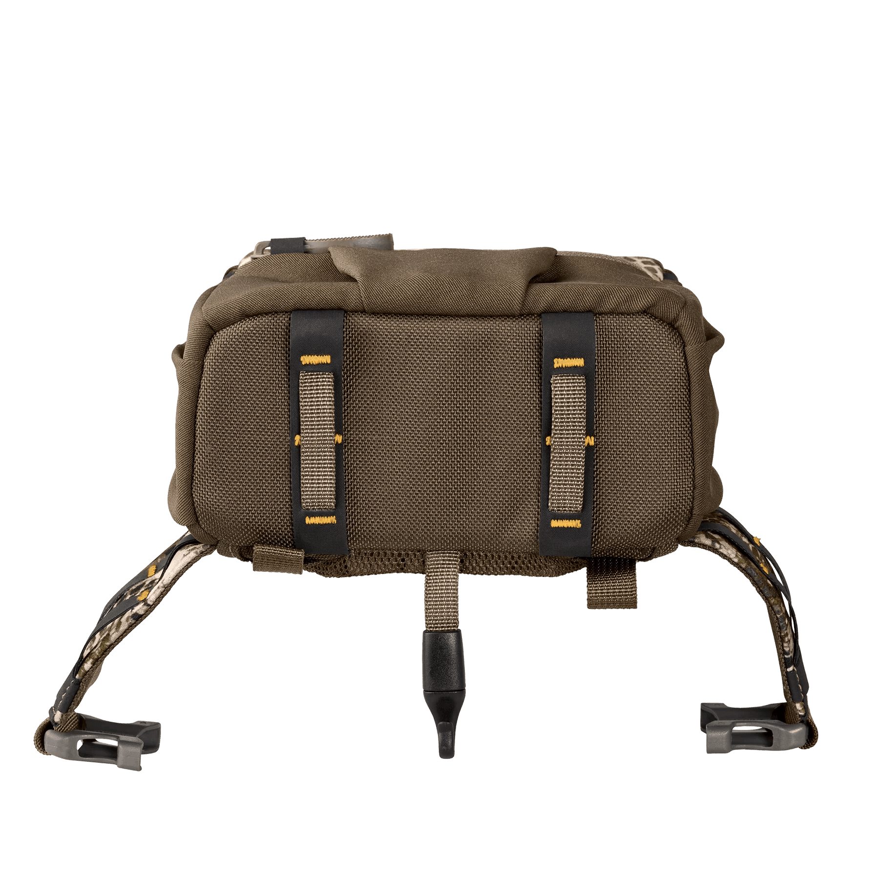 Badlands Bino X2 camo binocular harness with brown fabric and black straps