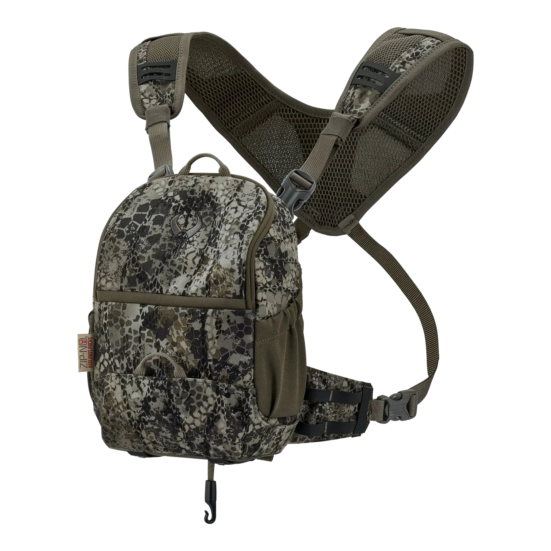 Camo hunting chest pack with adjustable mesh straps and durable outdoor design