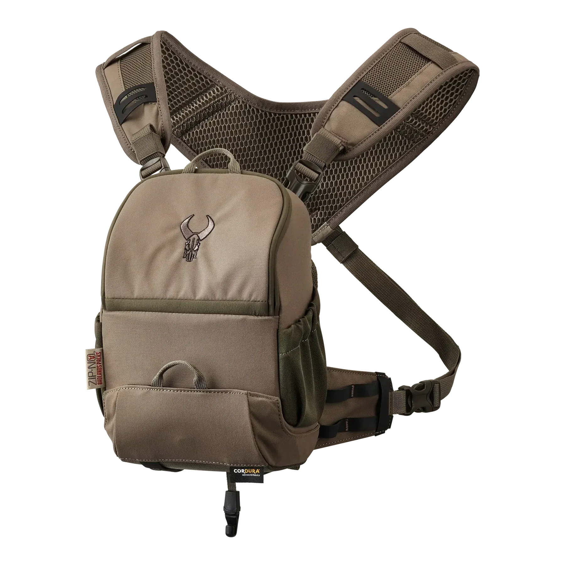 Khaki and olive green chest pack with mesh straps, bull skull logo, made of Cordura fabric