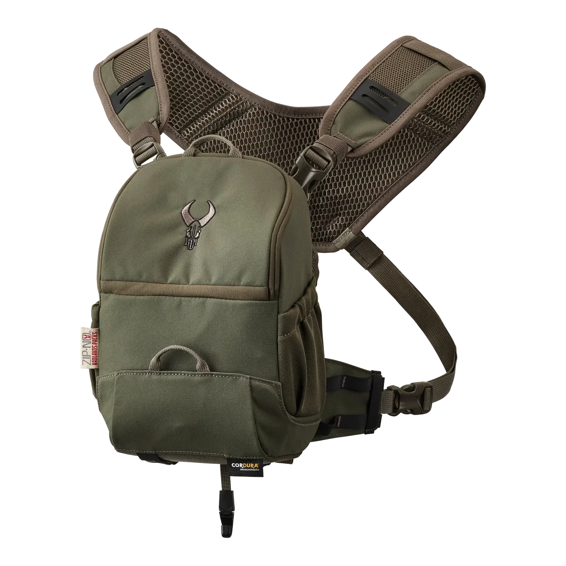 Olive green Cordura chest pack with mesh straps and bull skull logo for outdoor gear