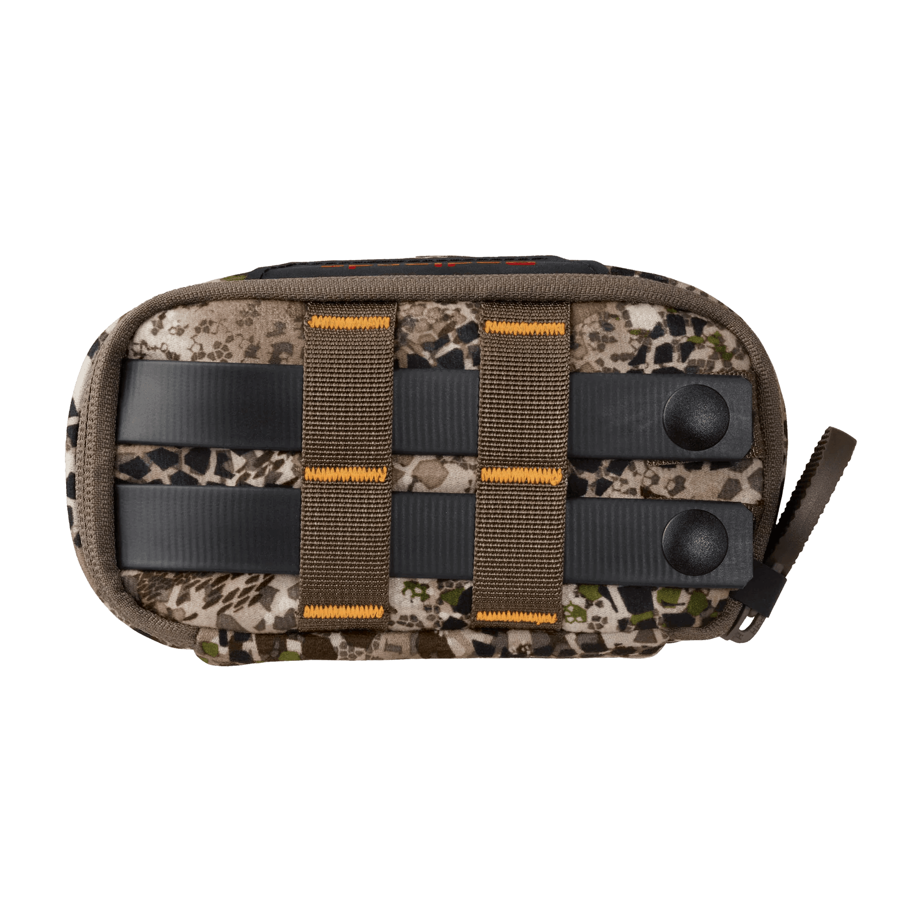 Camouflage MOLLE pouch with brown straps and snap buttons for outdoor gear