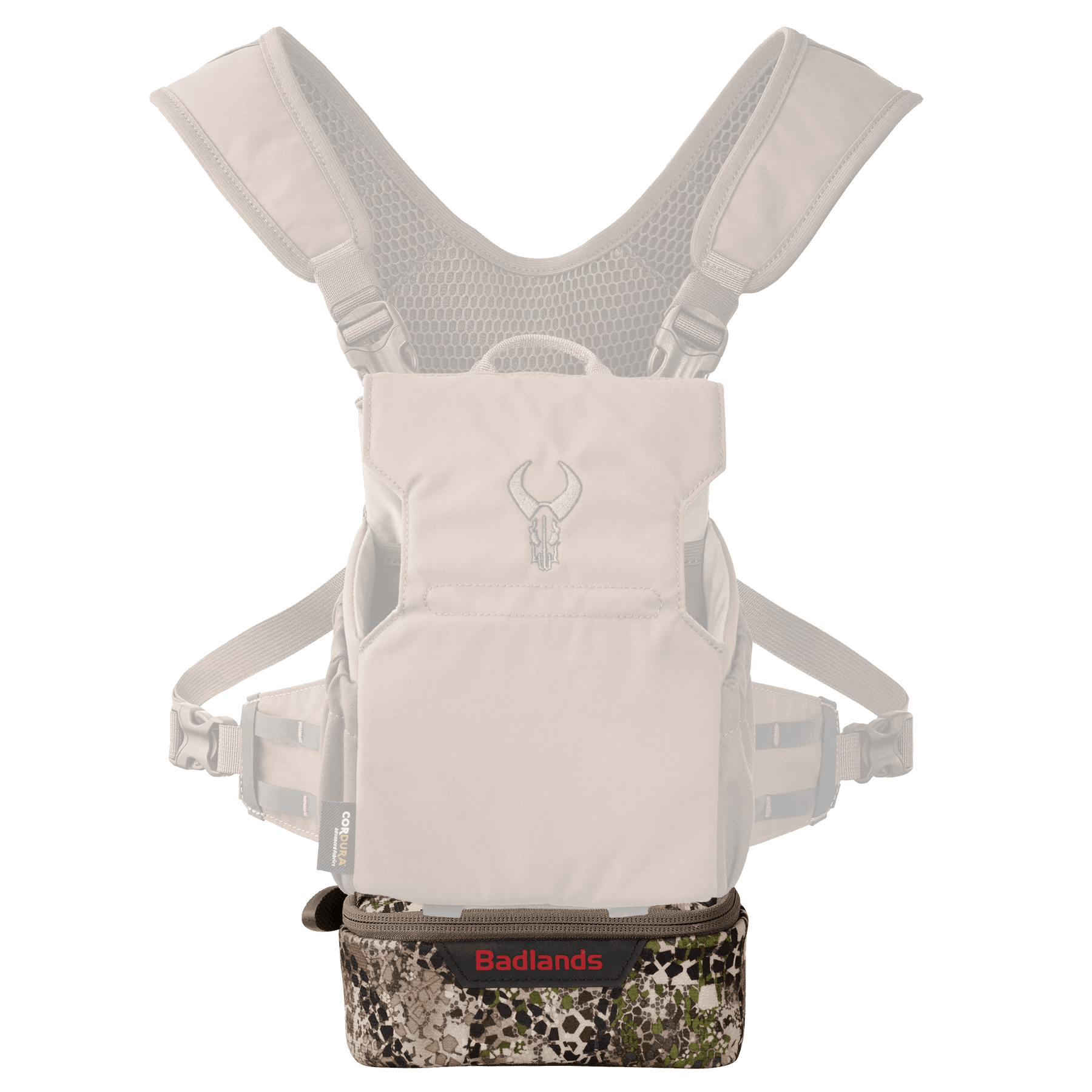 Badlands tan hunting chest pack with camo bottom pocket and embroidered skull logo