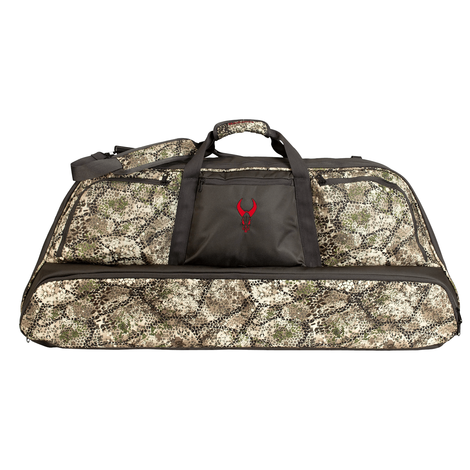Camo duffel bag with black straps, front zip pocket, and red skull logo on plain background