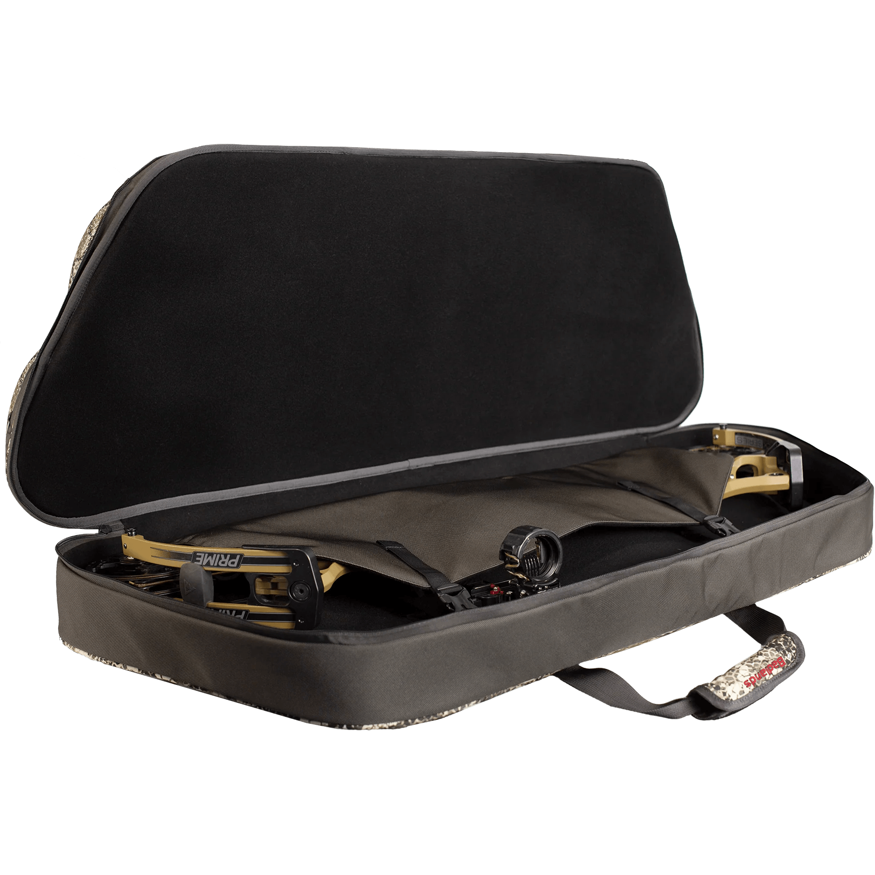 Compound bow in padded black camo soft case with handle, archery gear storage