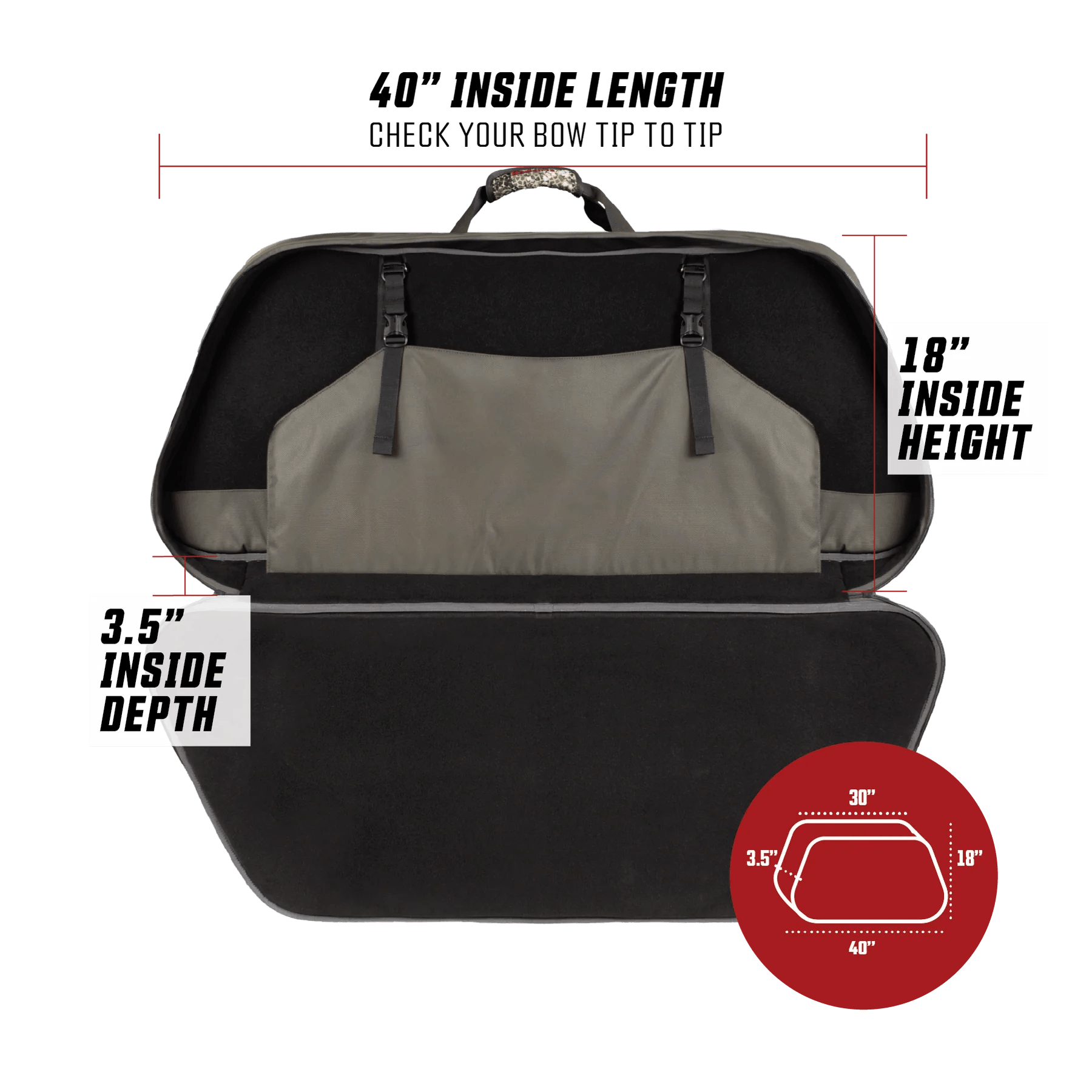 Compound bow case with interior dimensions 40 inch length, 18 inch height, 3.5 inch depth, open view