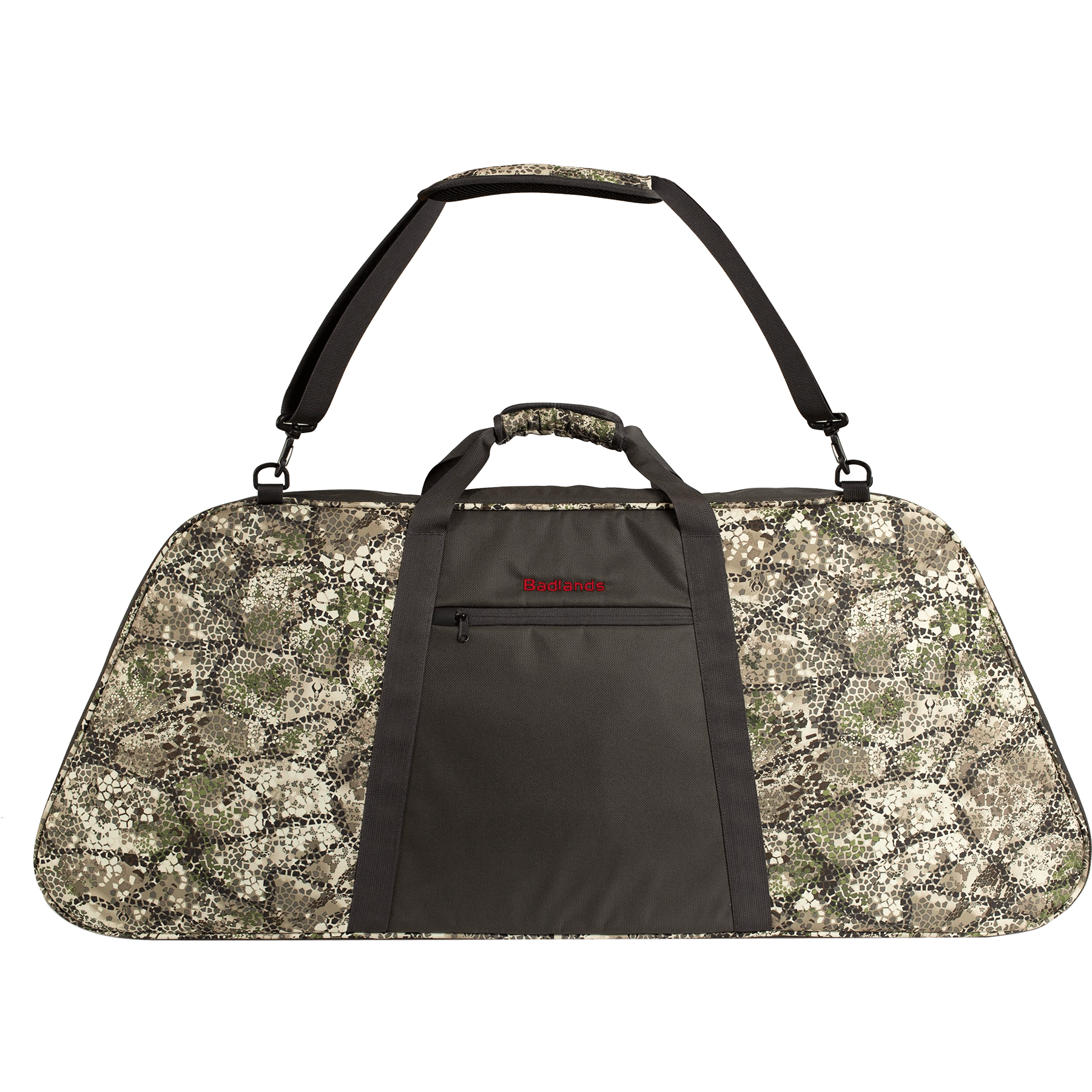 Camouflage bow case with zippered front pocket and shoulder strap, Badlands logo visible