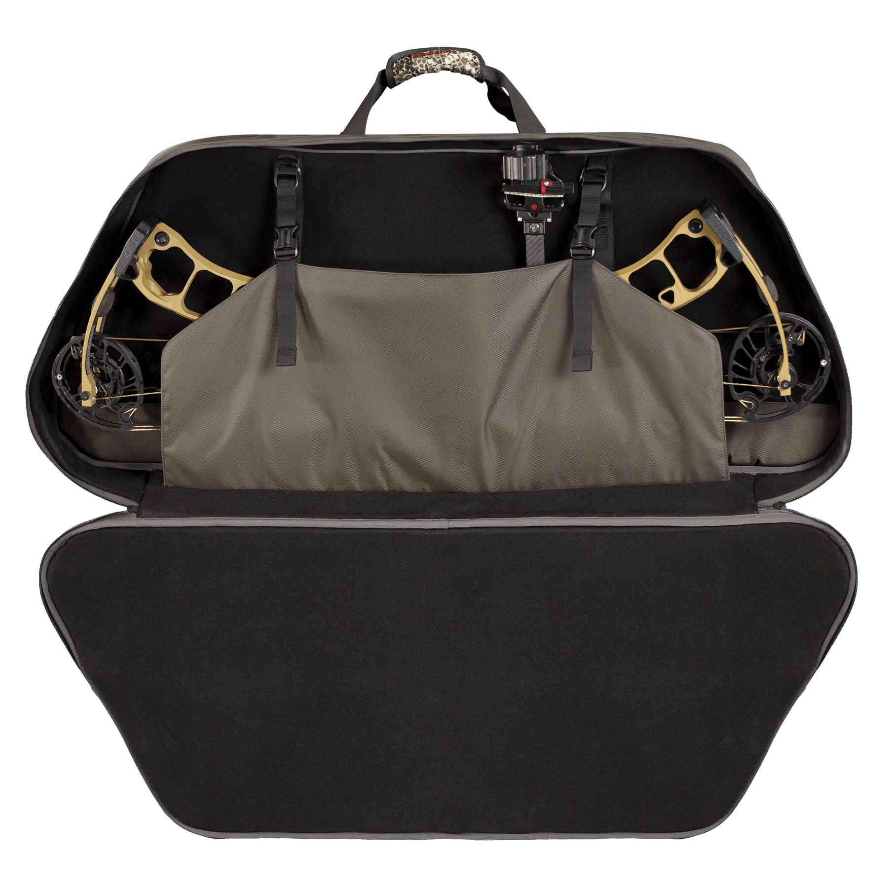 Compound bow stored in a padded archery case with open front flap and camouflage handle