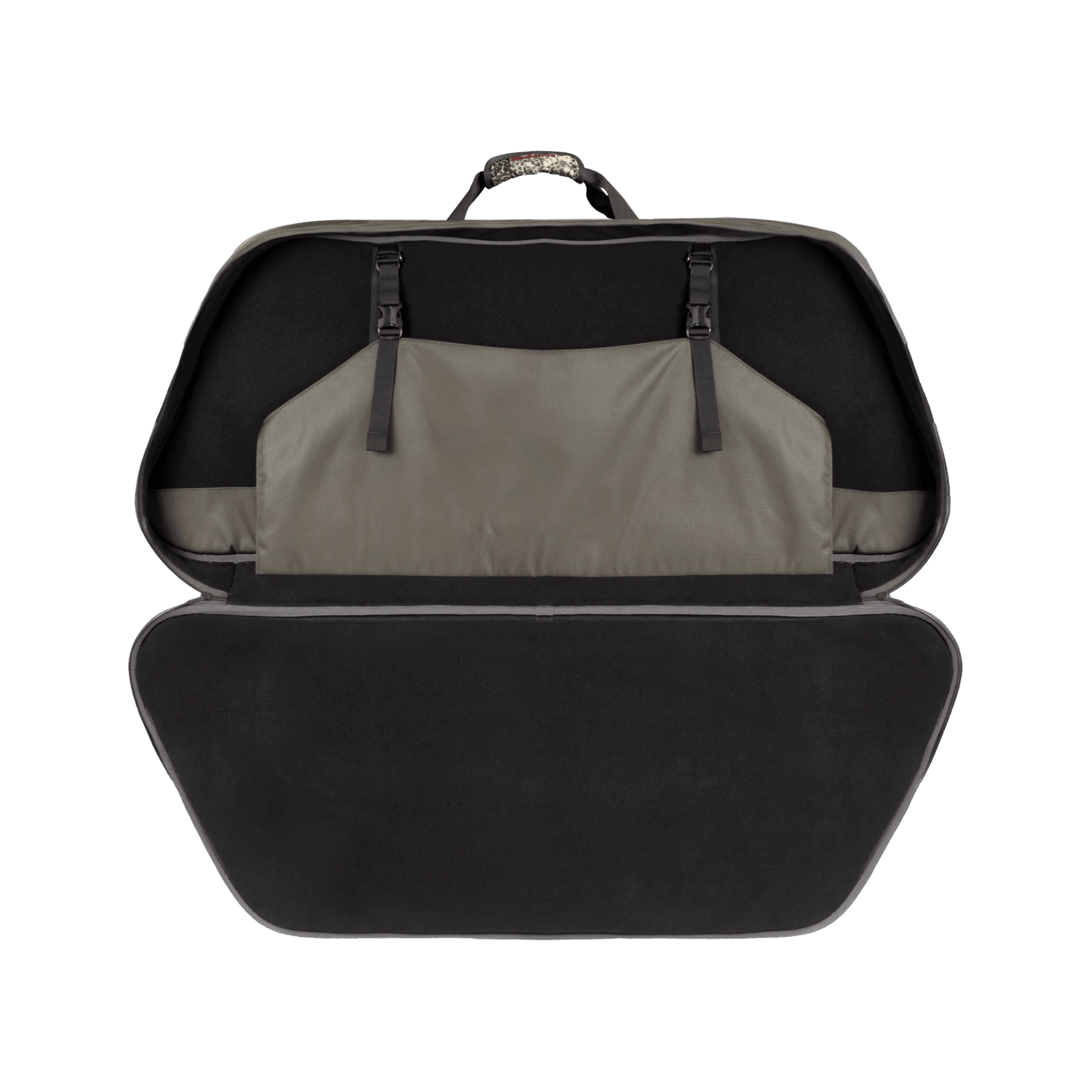 Open black and gray padded travel case with inner straps and handle, empty interior visible