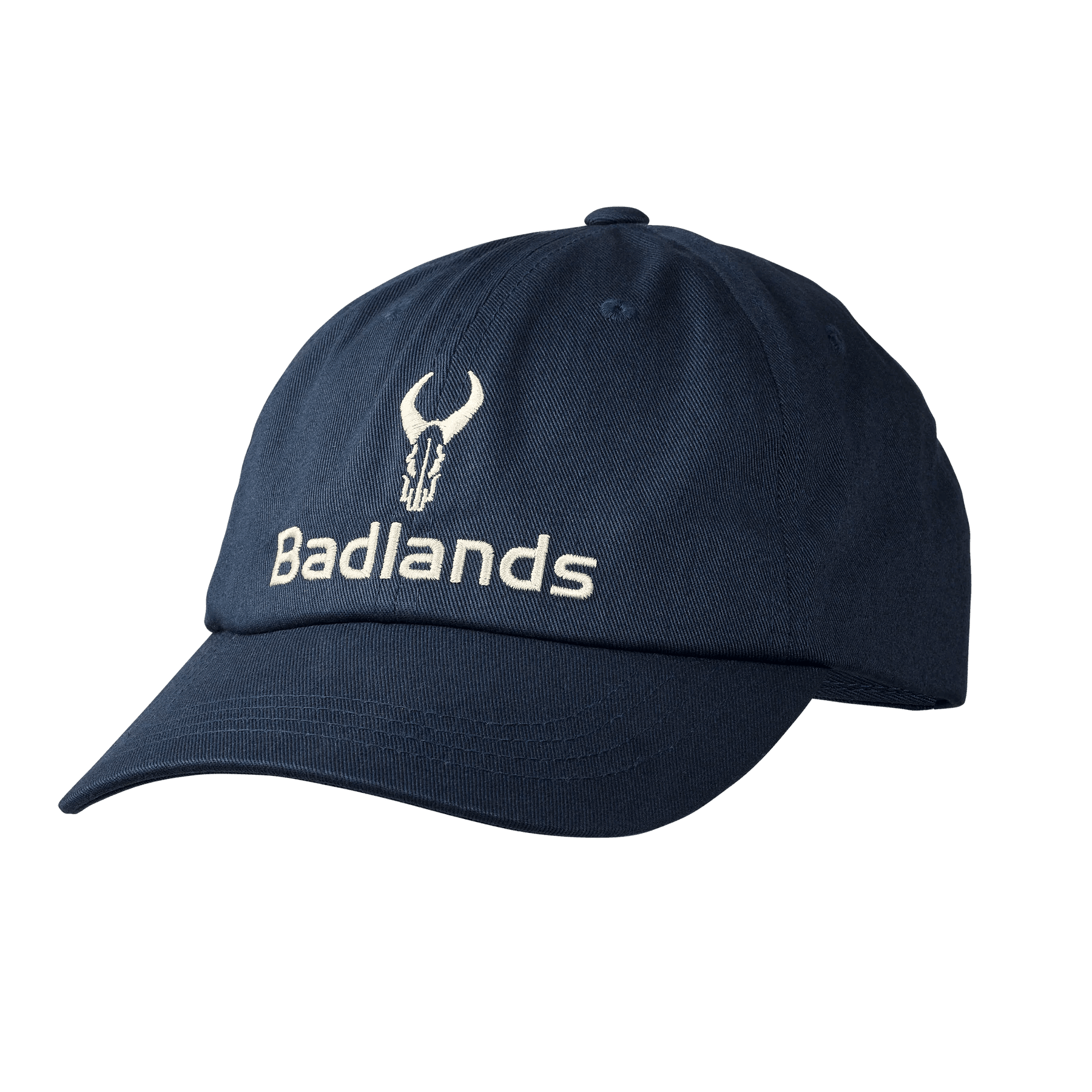 Navy blue Badlands dad hat with embroidered skull logo and text on front