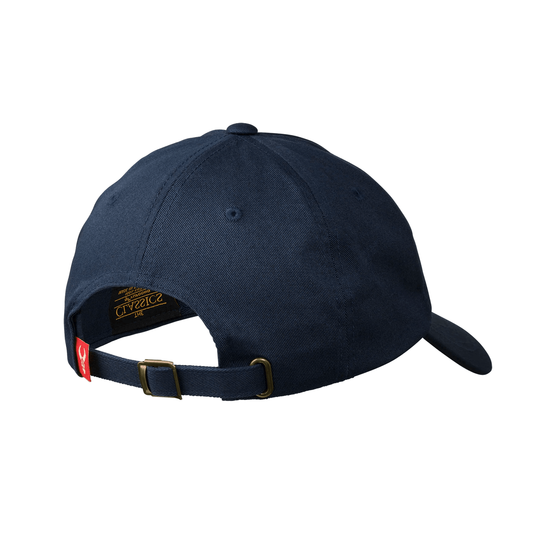 Navy blue Badlands dad hat with adjustable brass buckle strap and red tag, rear view