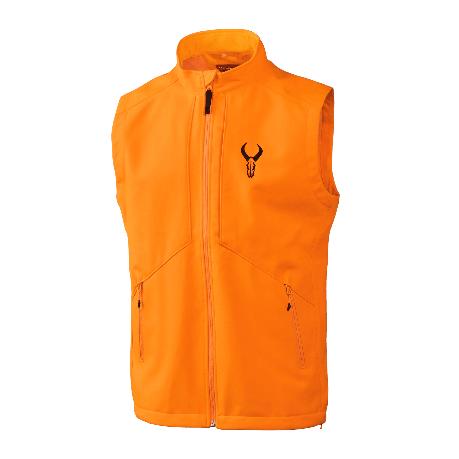Bright orange sleeveless outdoor vest with front zipper and black logo on the chest