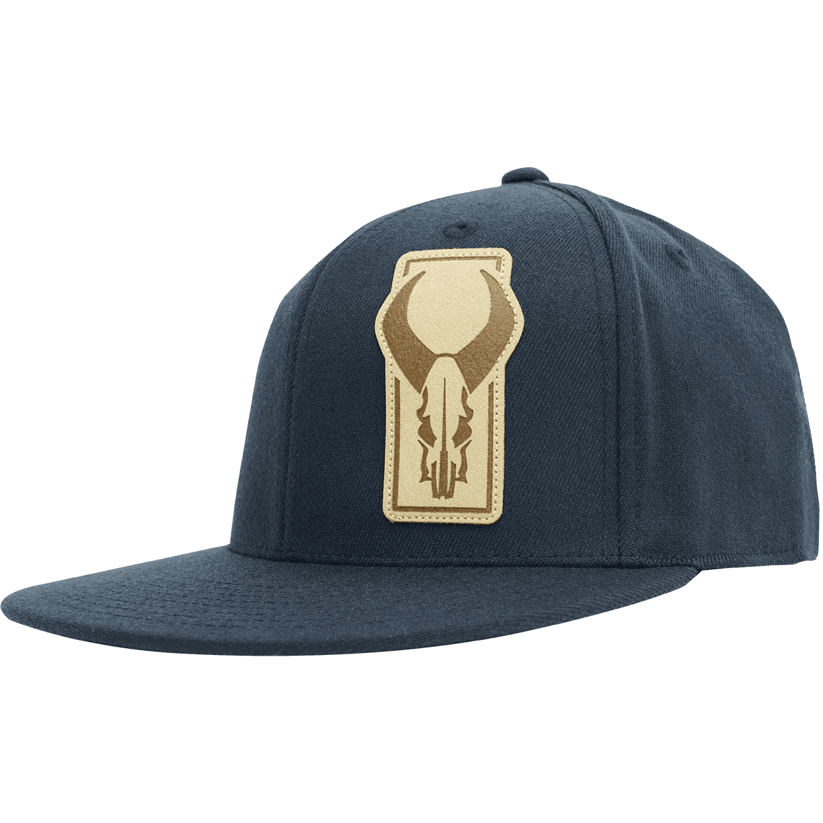 Badlands Flatty Hat Flexfit navy cap with tan embroidered skull logo patch