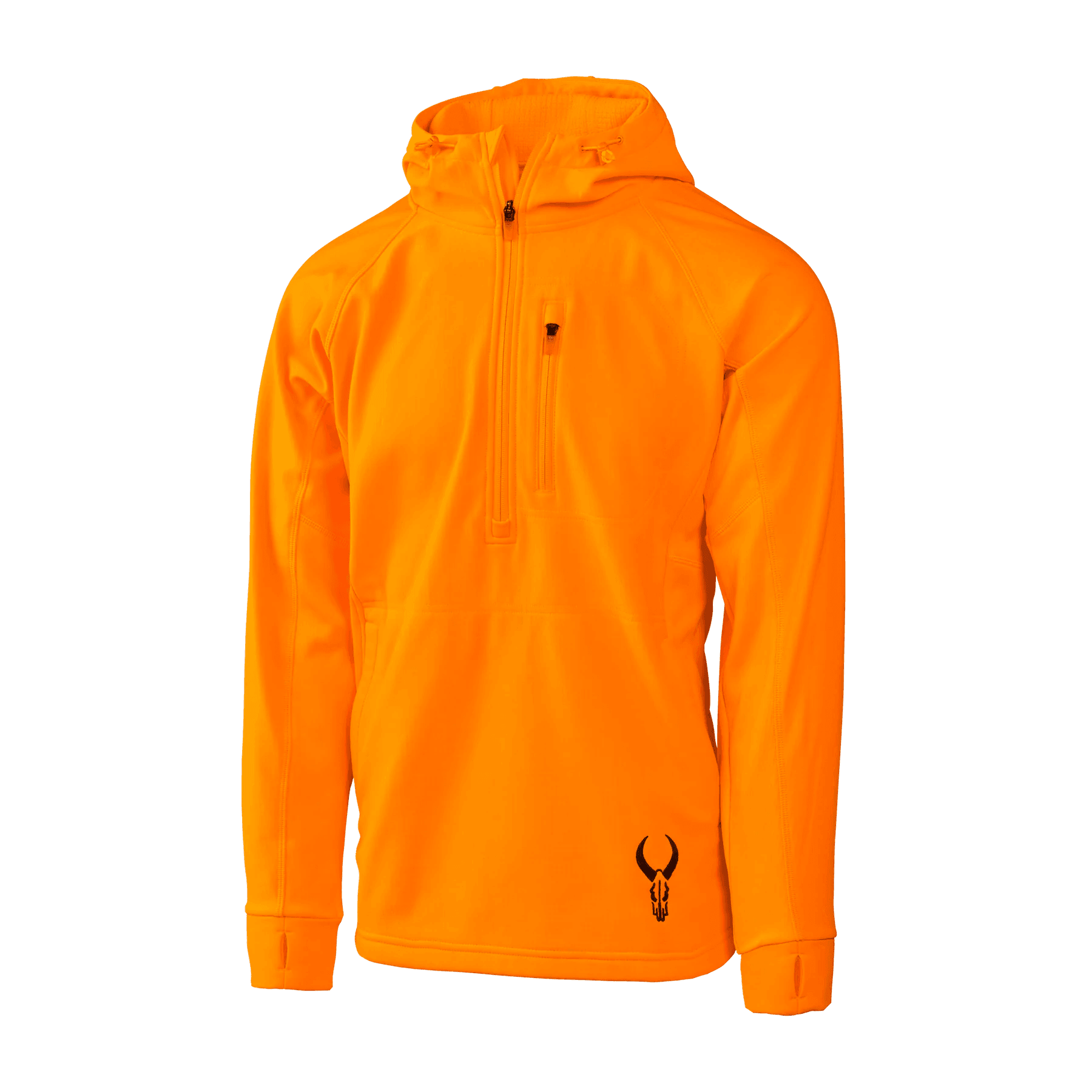 Bright orange Badlands Flex 1/2 Zip Hoodie with black logo on front for hunting or outdoor sports