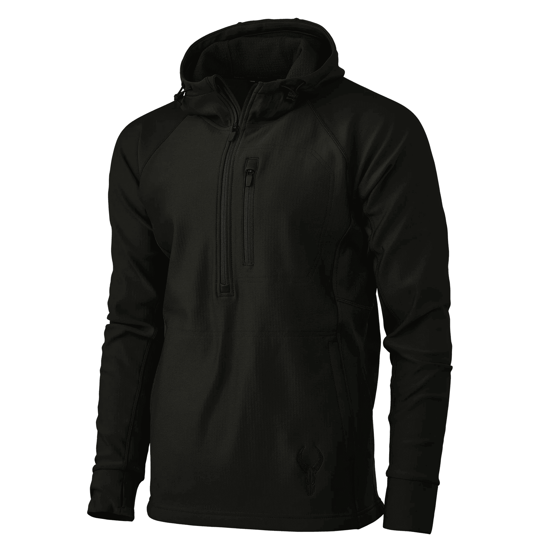 Black Badlands Flex 1/2 Zip hoodie with front zip pocket and hood, outdoor apparel
