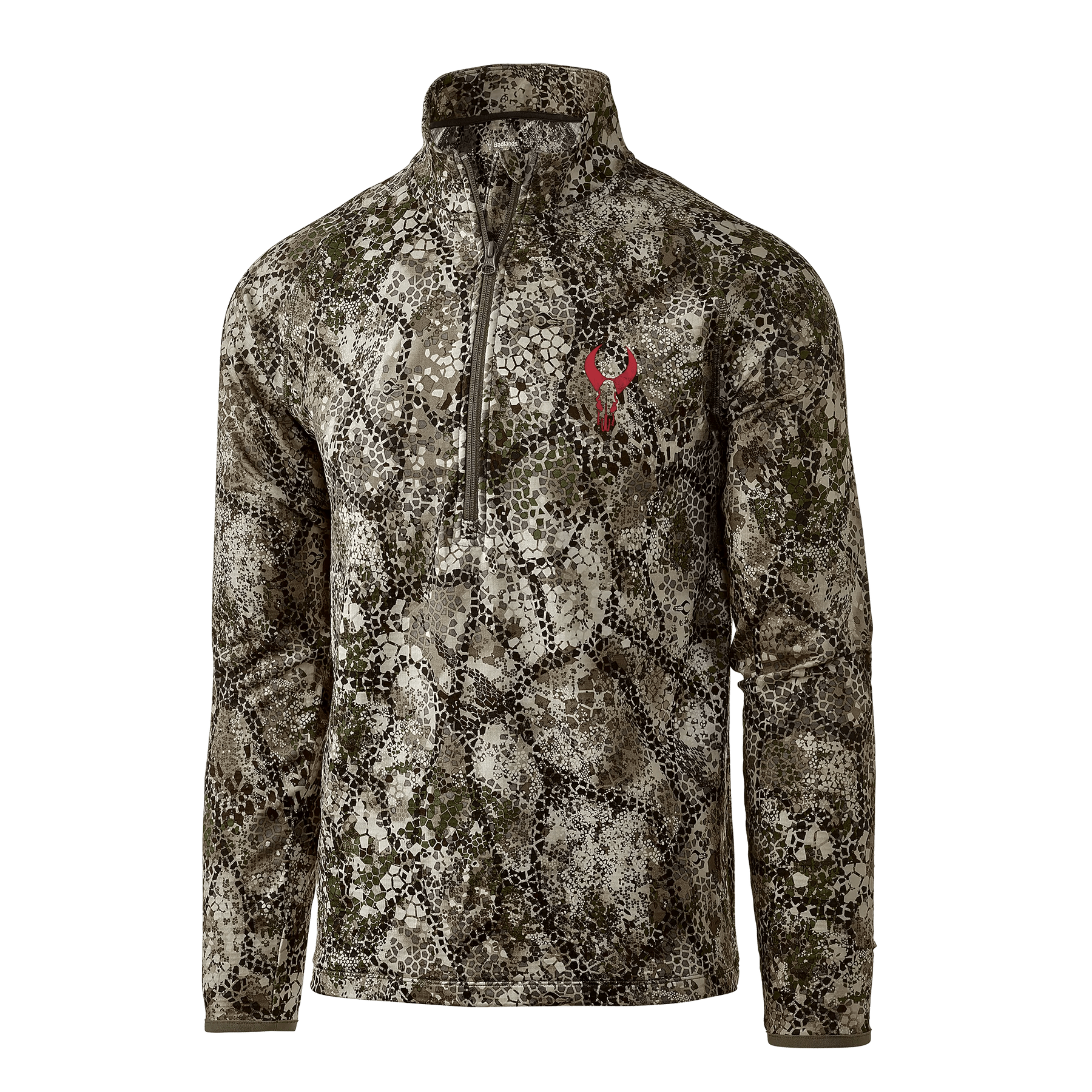 Men's camo hunting pullover with quarter zip and red antler skull logo on chest
