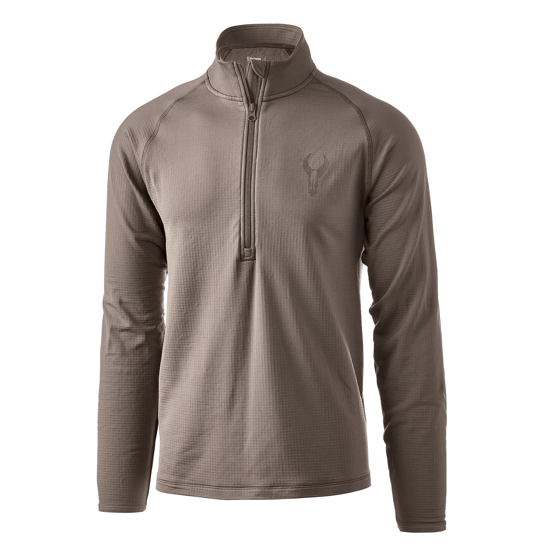 Men's taupe quarter-zip performance pullover with long sleeves and skull logo