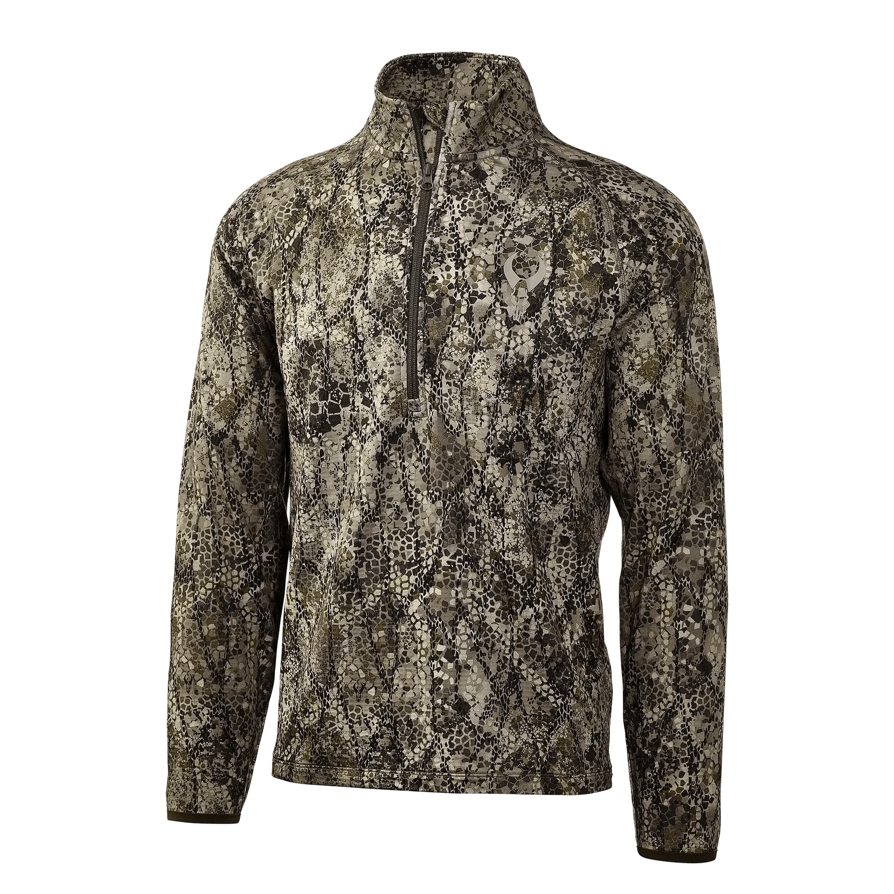 Men's camouflage hunting pullover with zippered collar, long sleeves, and forest pattern