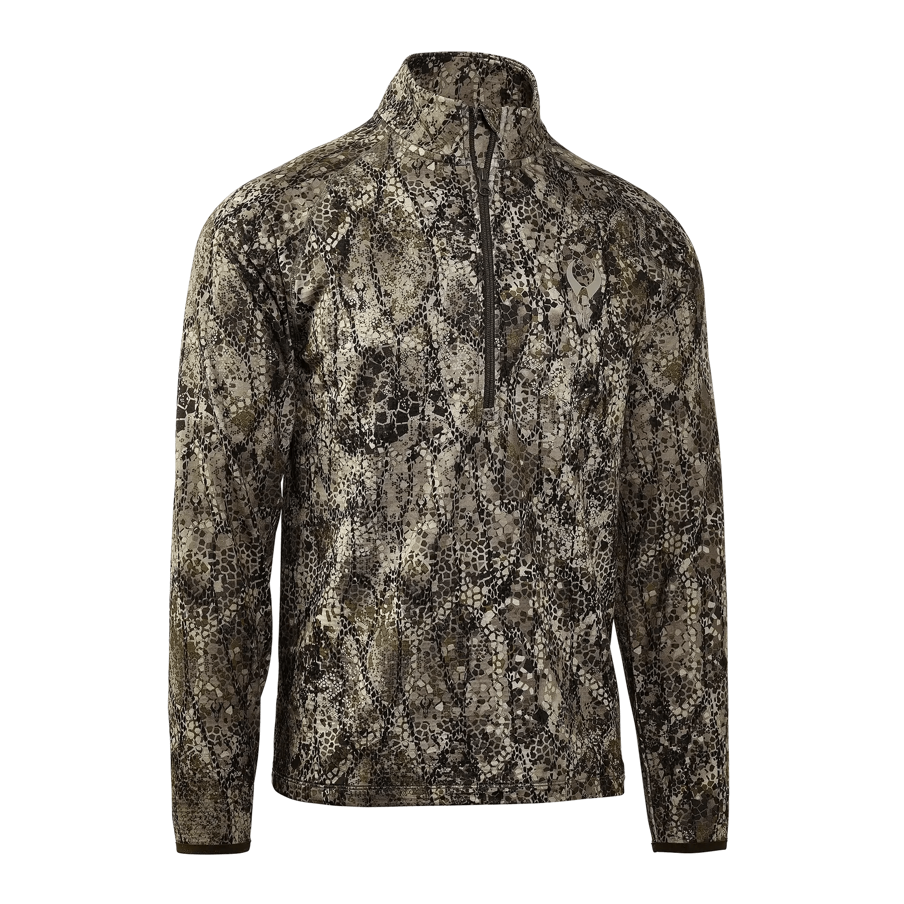 Men's camouflage hunting pullover with quarter zip and long sleeves on plain background