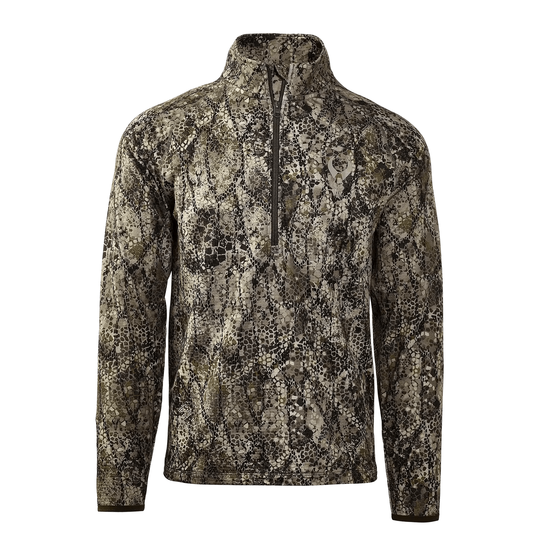 Men's camo quarter-zip pullover with green, brown, and black camouflage pattern