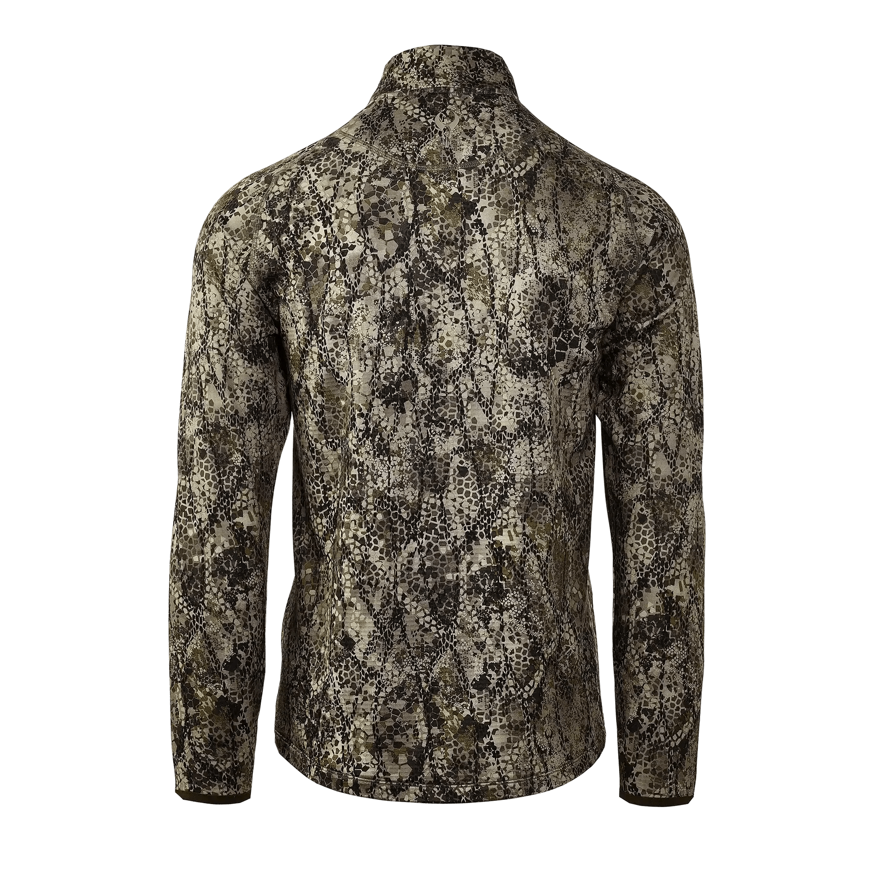 Back view of a long-sleeve camouflage hunting jacket with digital forest pattern