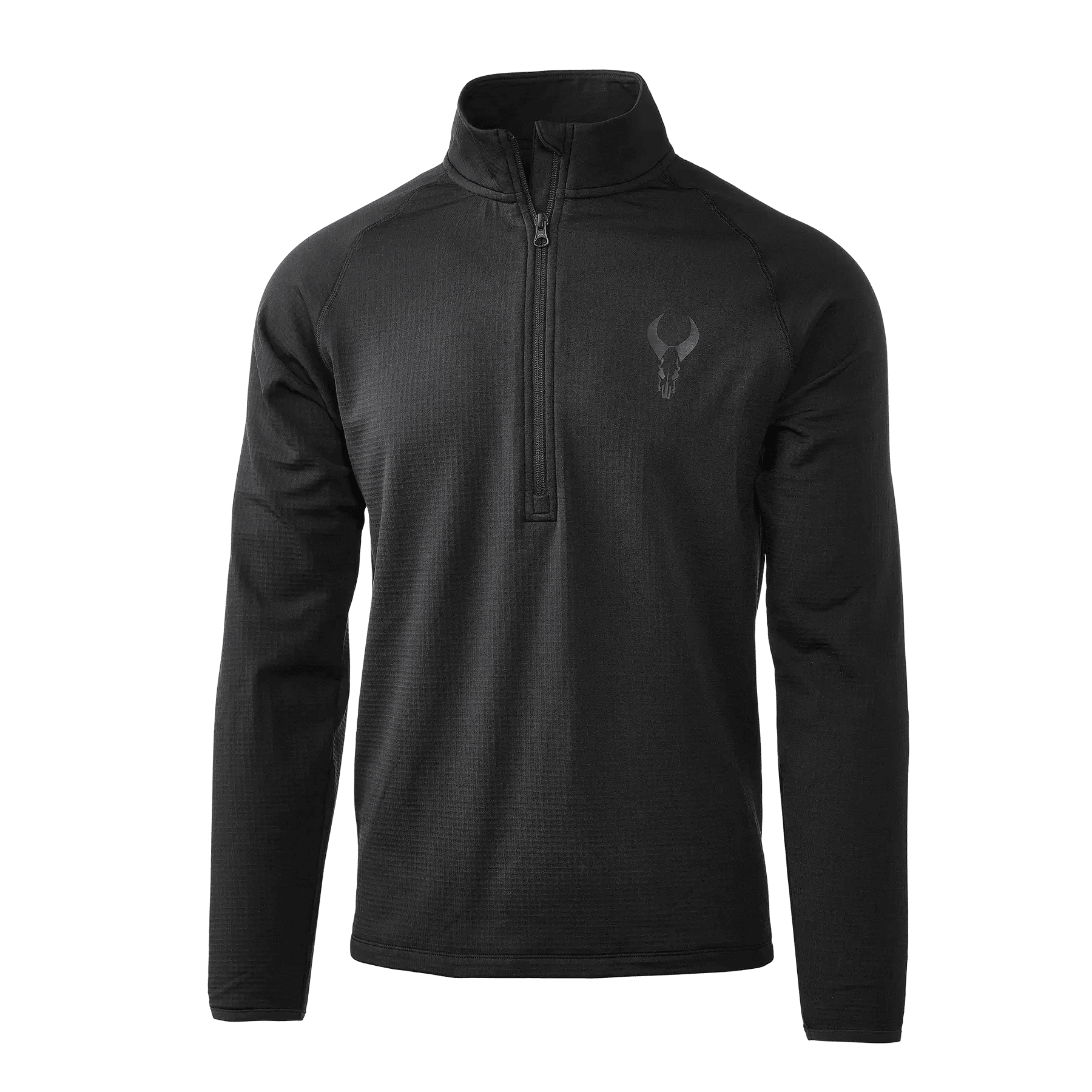 Black long sleeve quarter zip pullover with bull skull logo on chest
