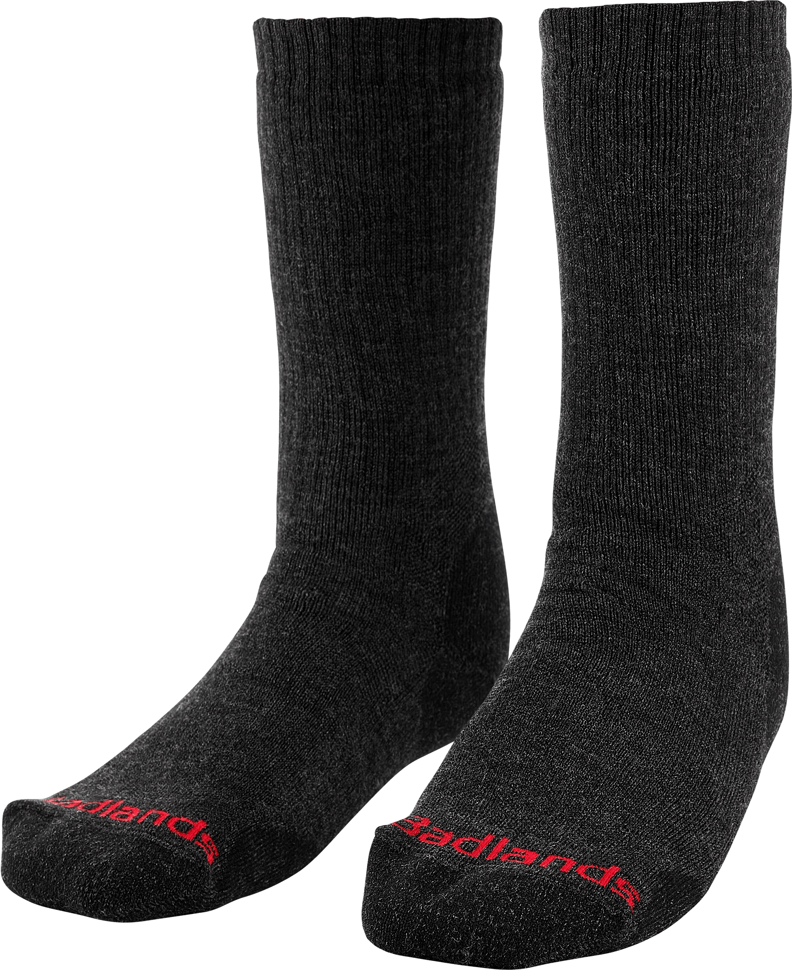 Pair of black crew socks with red Badlands logo lettering on toes