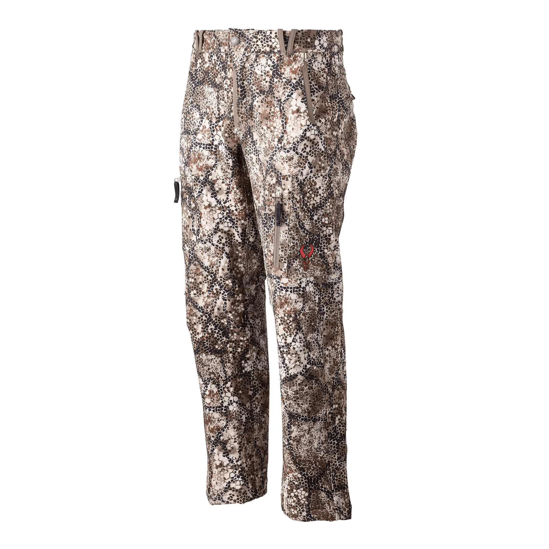 Badlands Ion-X camo hunting pants with zippered pockets on plain background