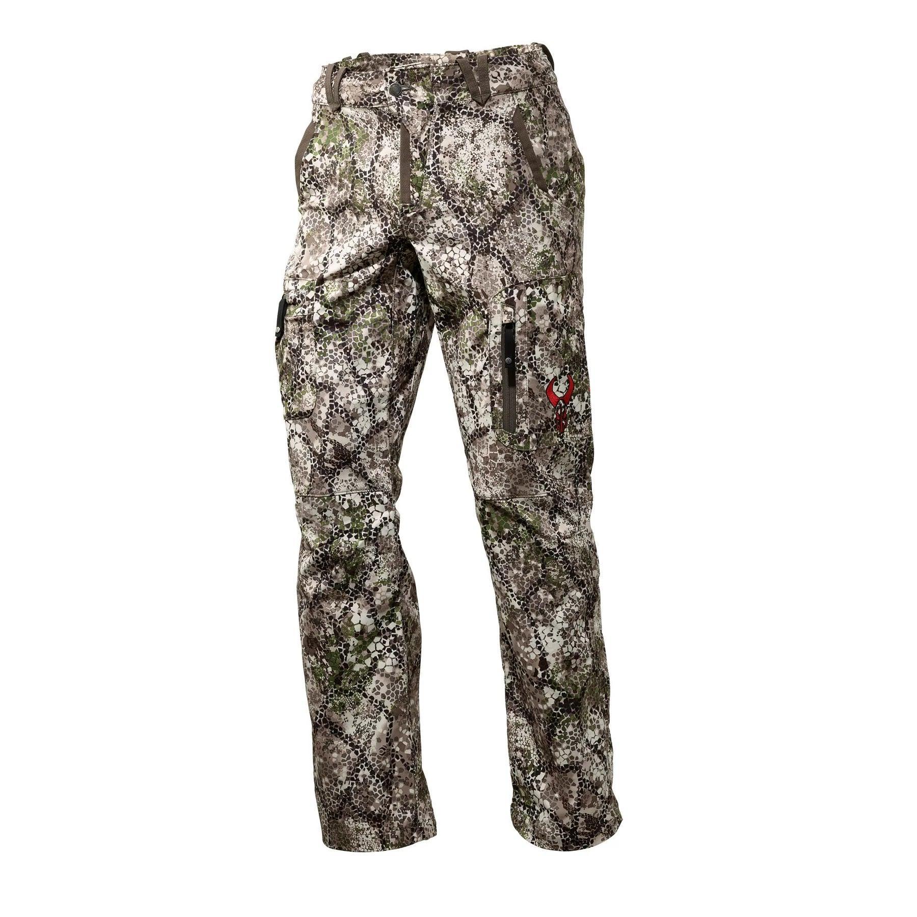 Badlands Ion X camouflage hunting pants with zippered pockets on white background