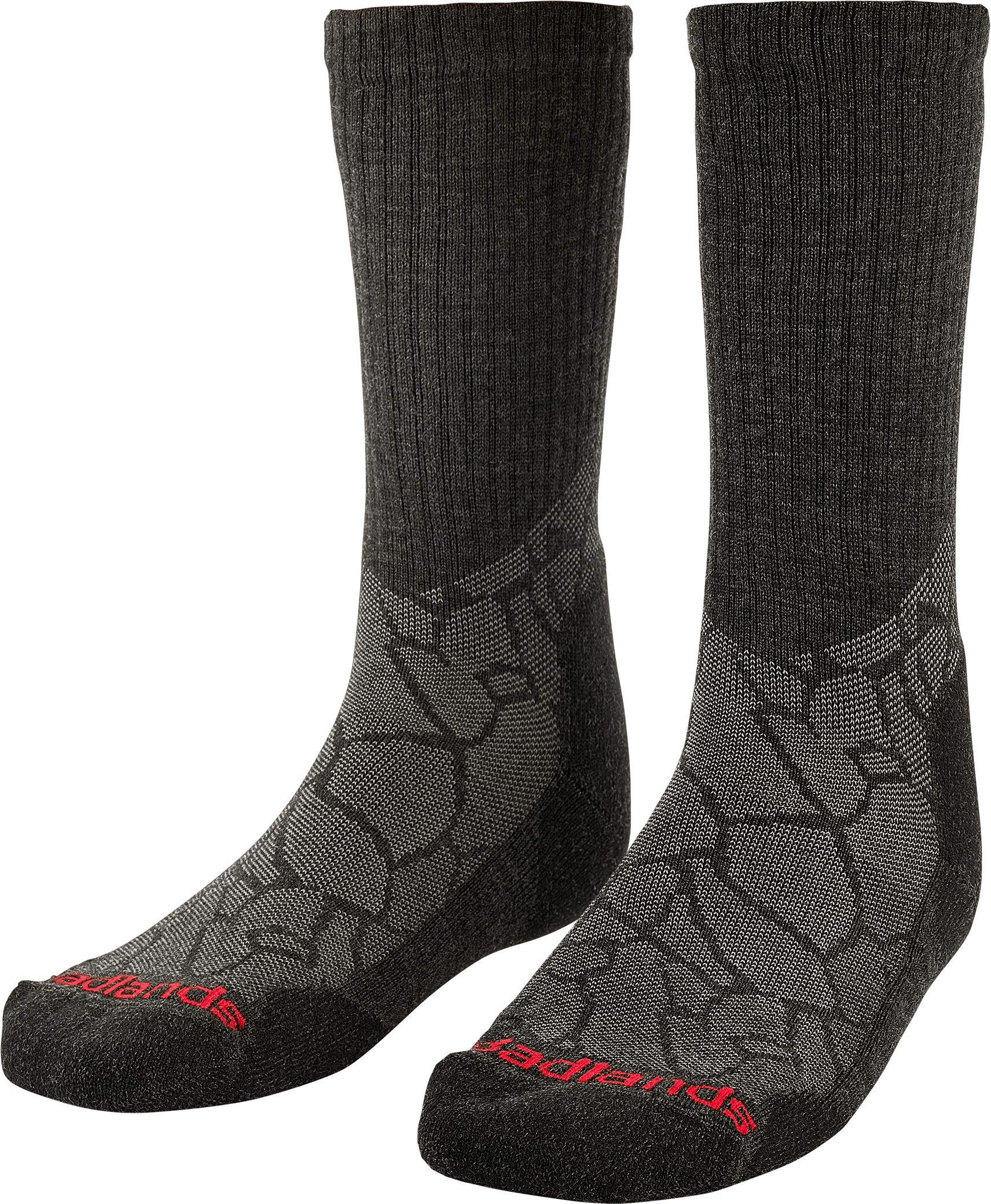 Black and gray crew socks with geometric pattern and red Badlands logo on the toe